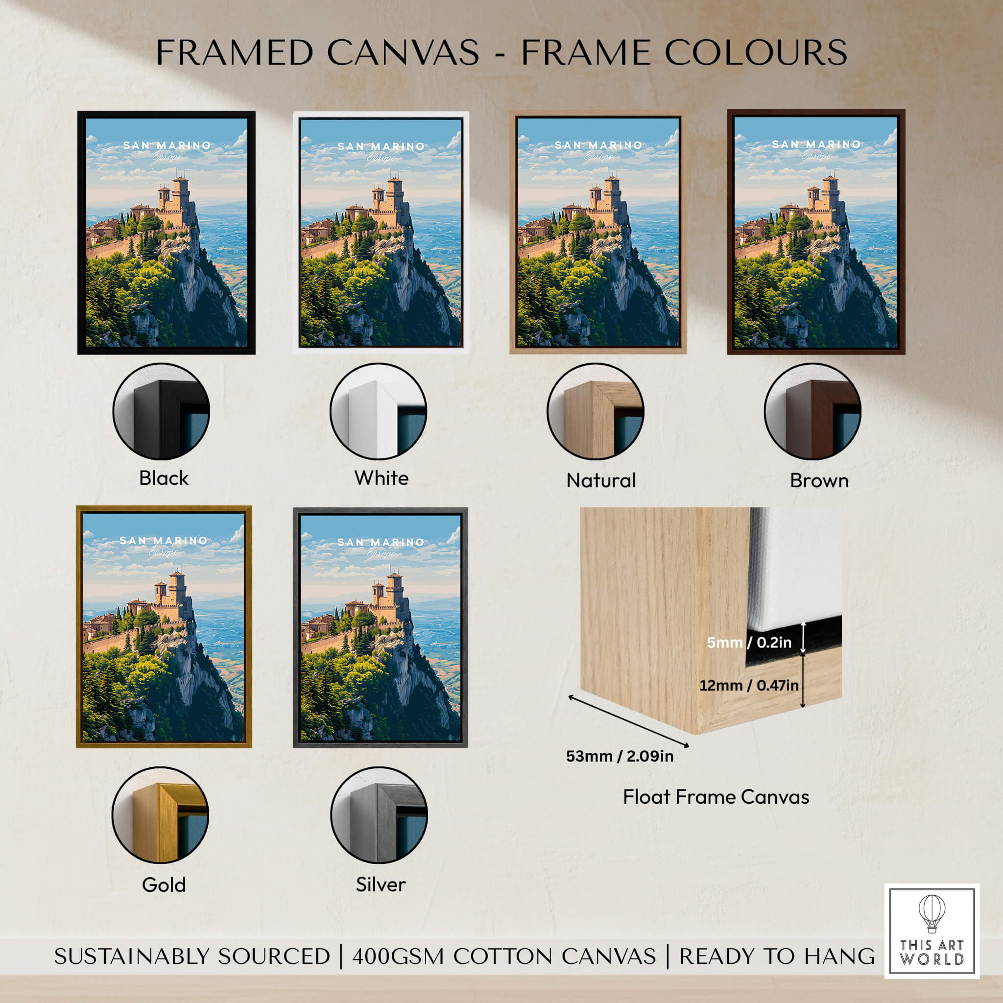 Framed canvas wall art options showcasing the San Marino Wall Art Print | Mount Titano Citadel Travel Poster in various frame colors.