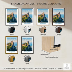 Framed canvas options for San Marino Poster | Canvas Print in various colors including black, white, natural, brown, gold, and silver.