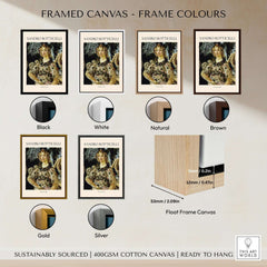 Framed canvas options in black, white, natural, brown, gold, and silver for Sandro Botticelli artwork.