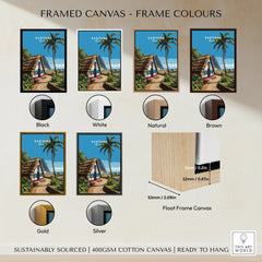 Framed canvas wall art with tropical house, shown in black, white, natural, brown, gold, and silver frame options.