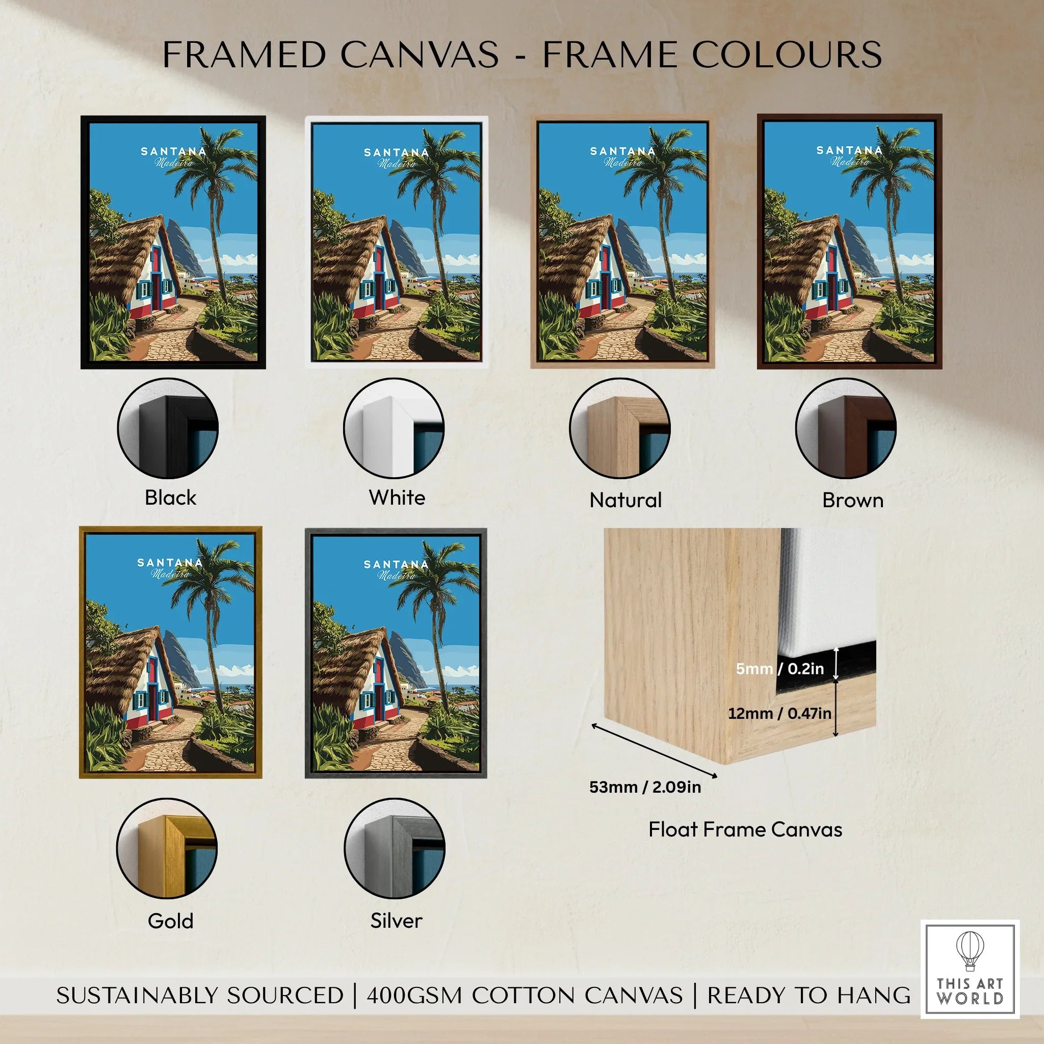 Framed canvas wall art with tropical house, shown in black, white, natural, brown, gold, and silver frame options.