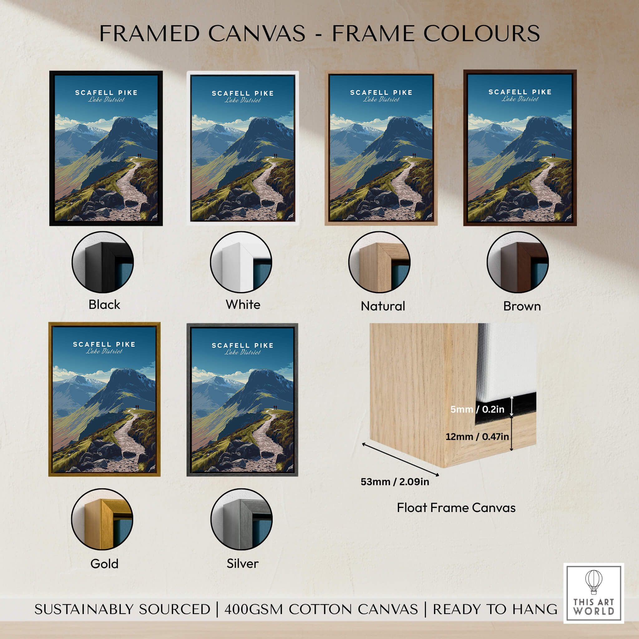 Scafell Pike Lake District Wall Art Print | English Mountain Peak Travel Poster framed in various colors.