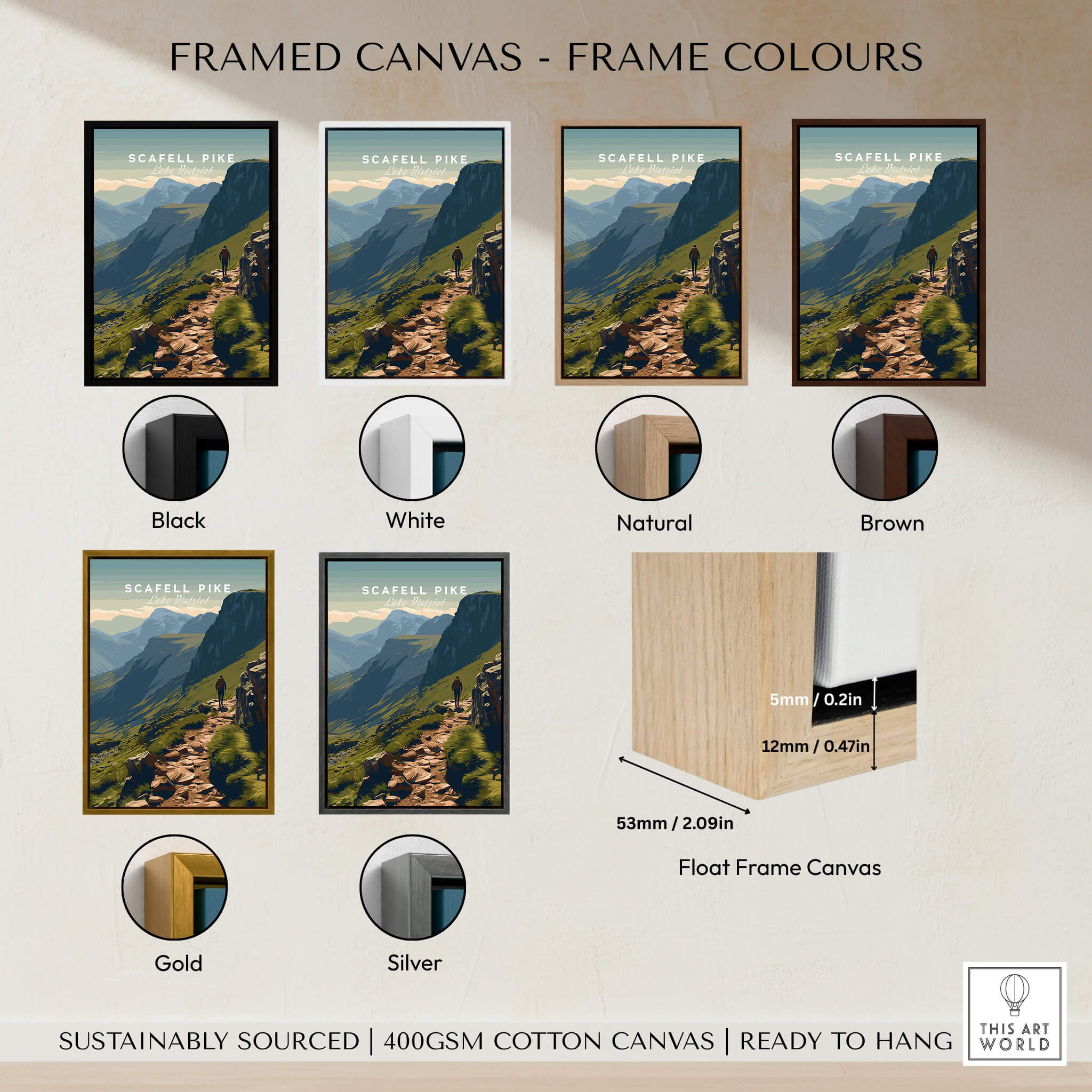 Framed canvas options for Scafell Pike Lake District Travel Poster | Mountain Valley View Wall Art Print.