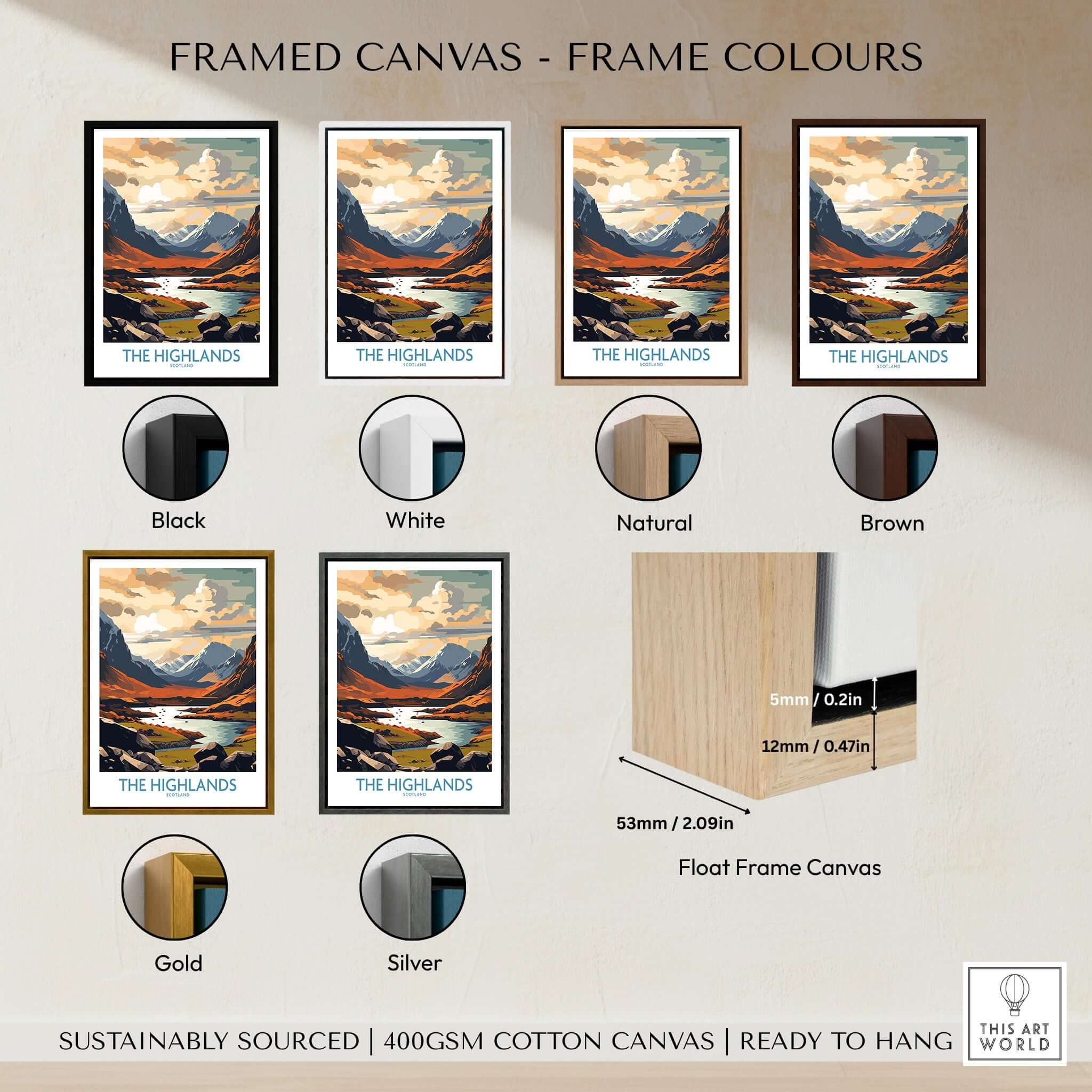 The Highlands Wall Art | Modern Style displayed with various frame colors including black, white, natural, and brown.