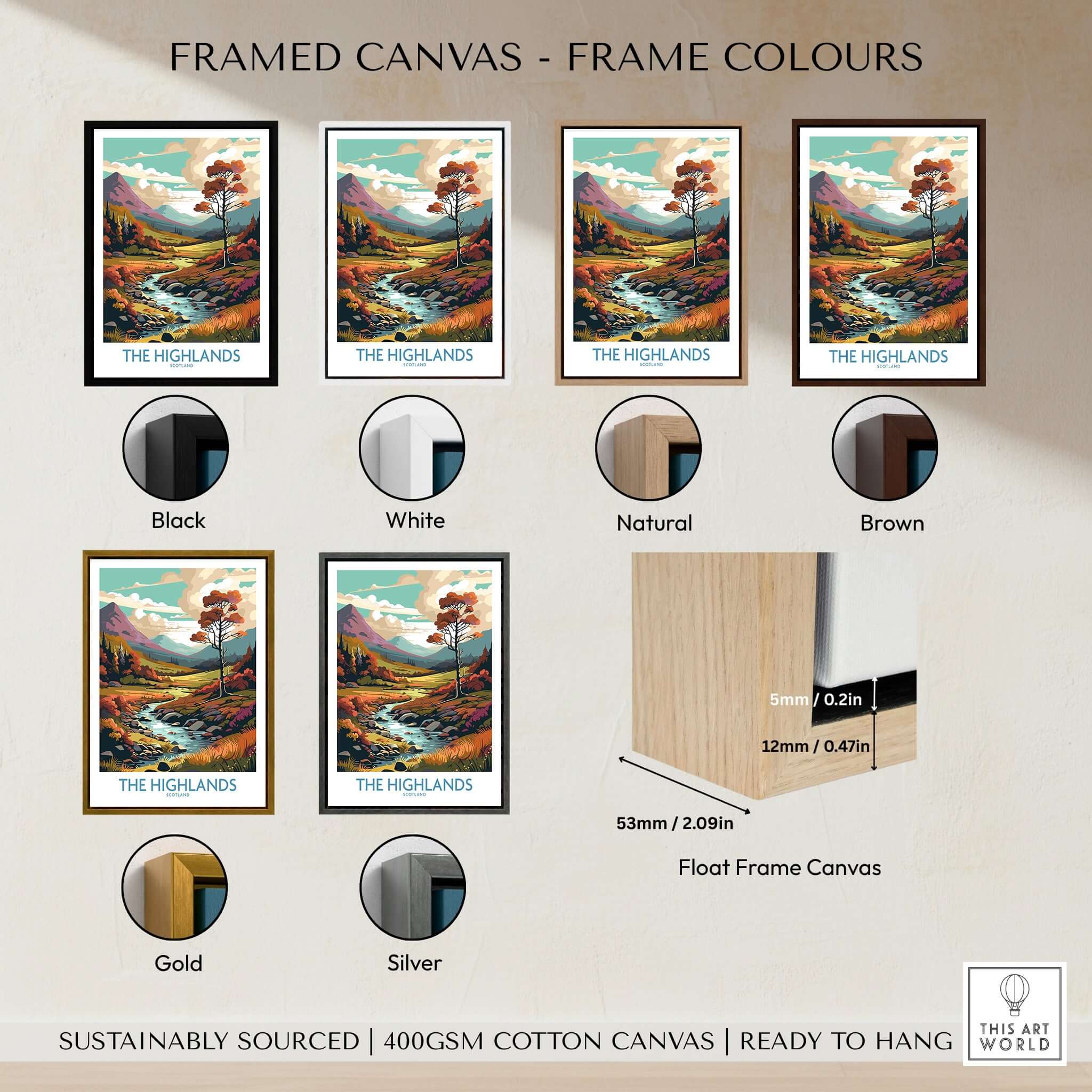 Framed canvas options for The Highlands Scotland Art Print including colors like Black, White, Natural, Brown, Gold, Silver.