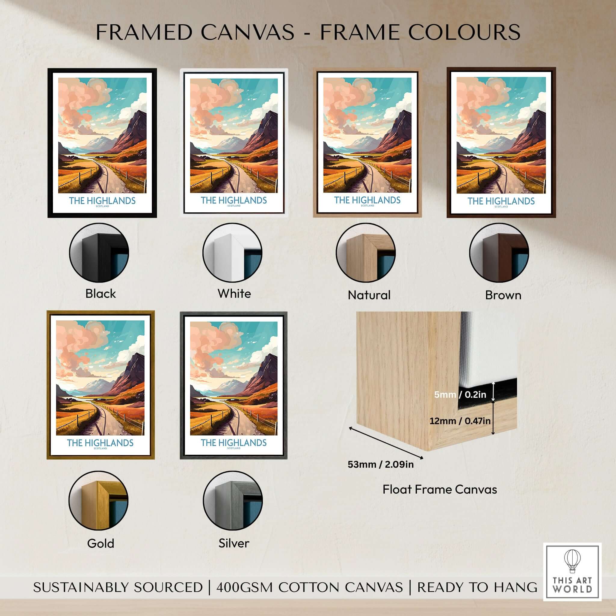 The Highlands Scotland Wall Art shown with various frame color options including black, white, natural, brown, gold, and silver.