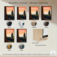 Sequoia National Park framed canvas wall art with six frame colour options and float frame details