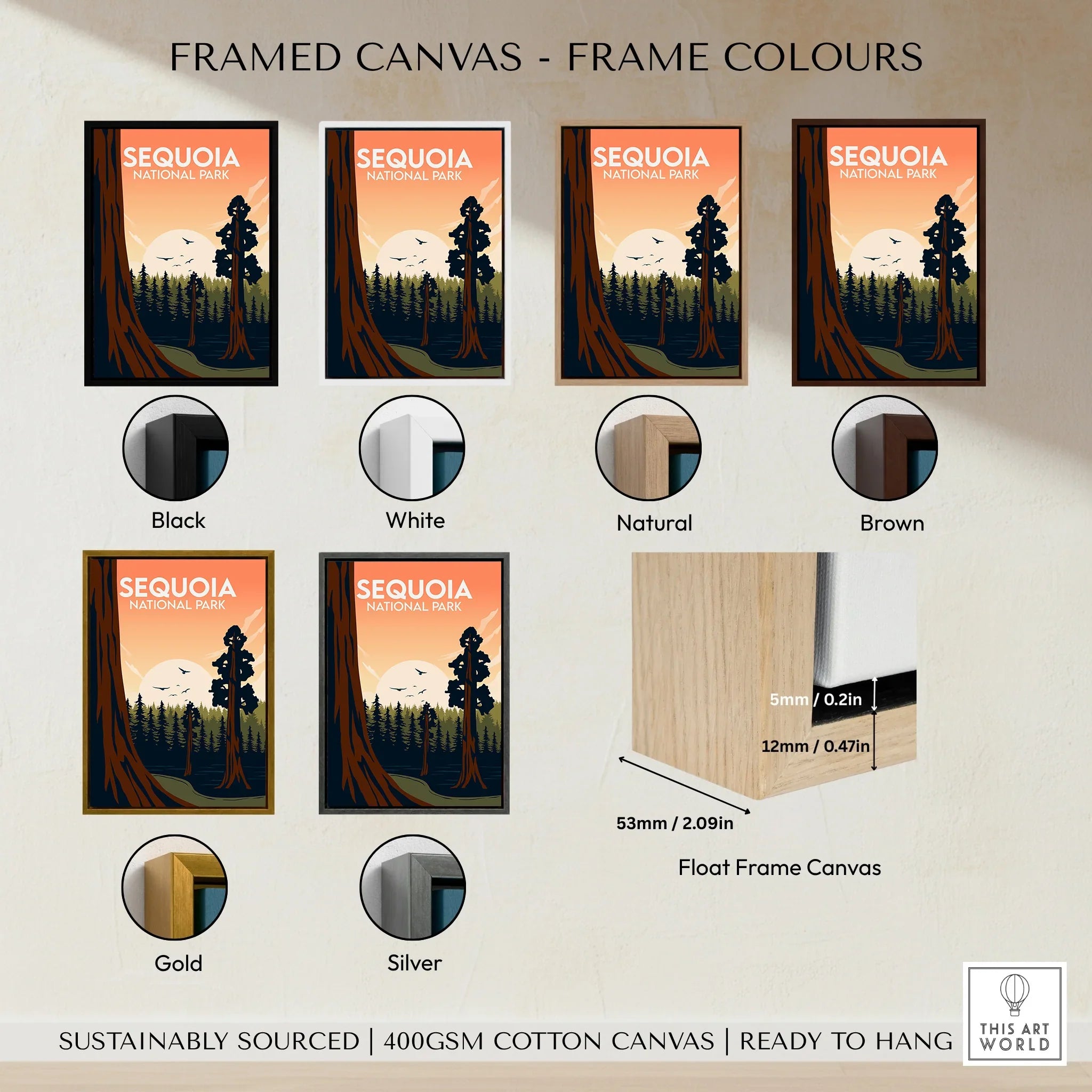 Sequoia National Park framed canvas wall art with six frame colour options and float frame details