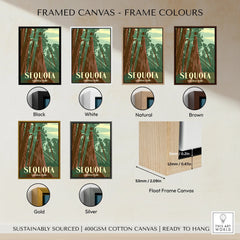 Sequoia National Park wall art print in six framed canvas color options: black, white, natural, brown, gold, silver, with close-up of float frame details.