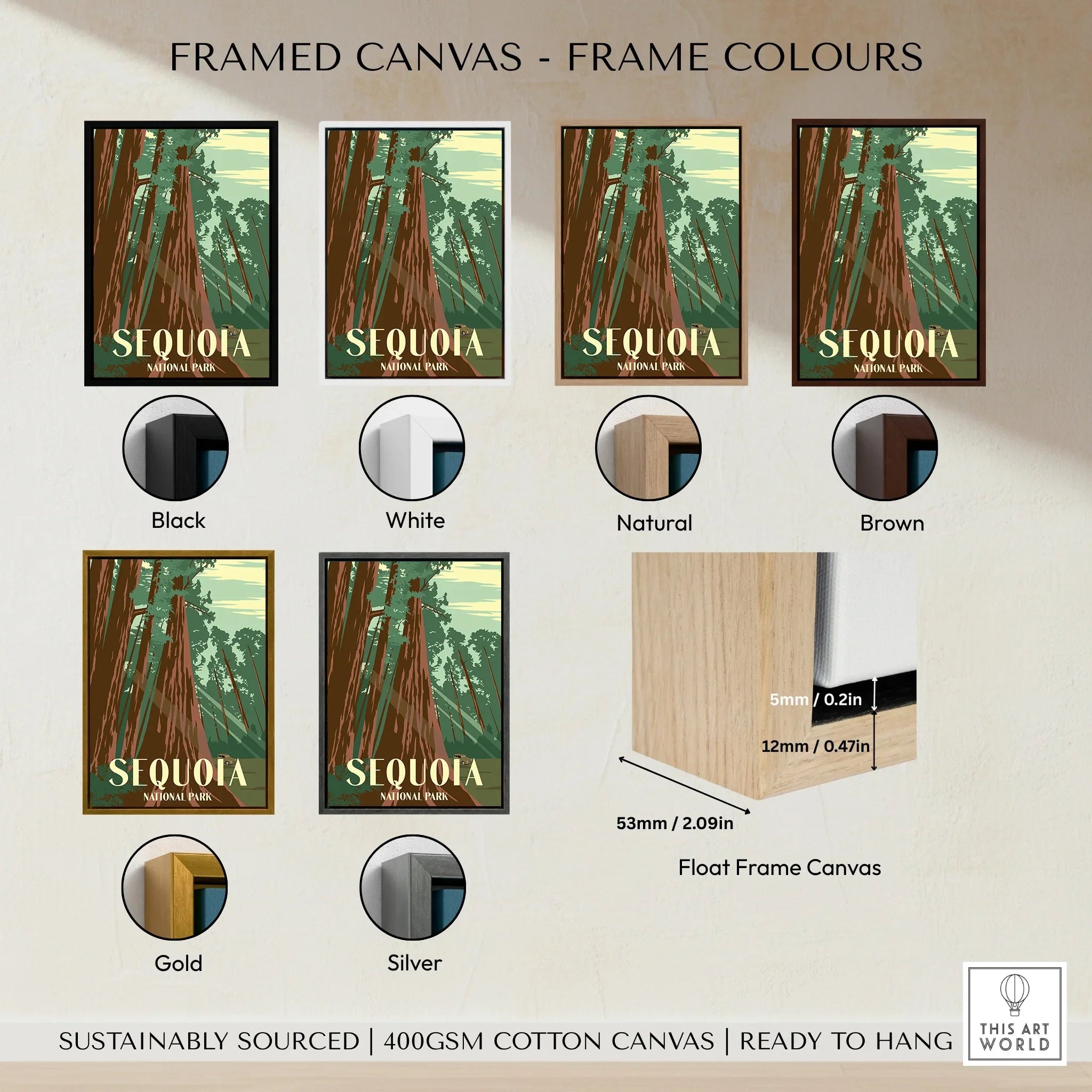 Sequoia National Park wall art print in six framed canvas color options: black, white, natural, brown, gold, silver, with close-up of float frame details.