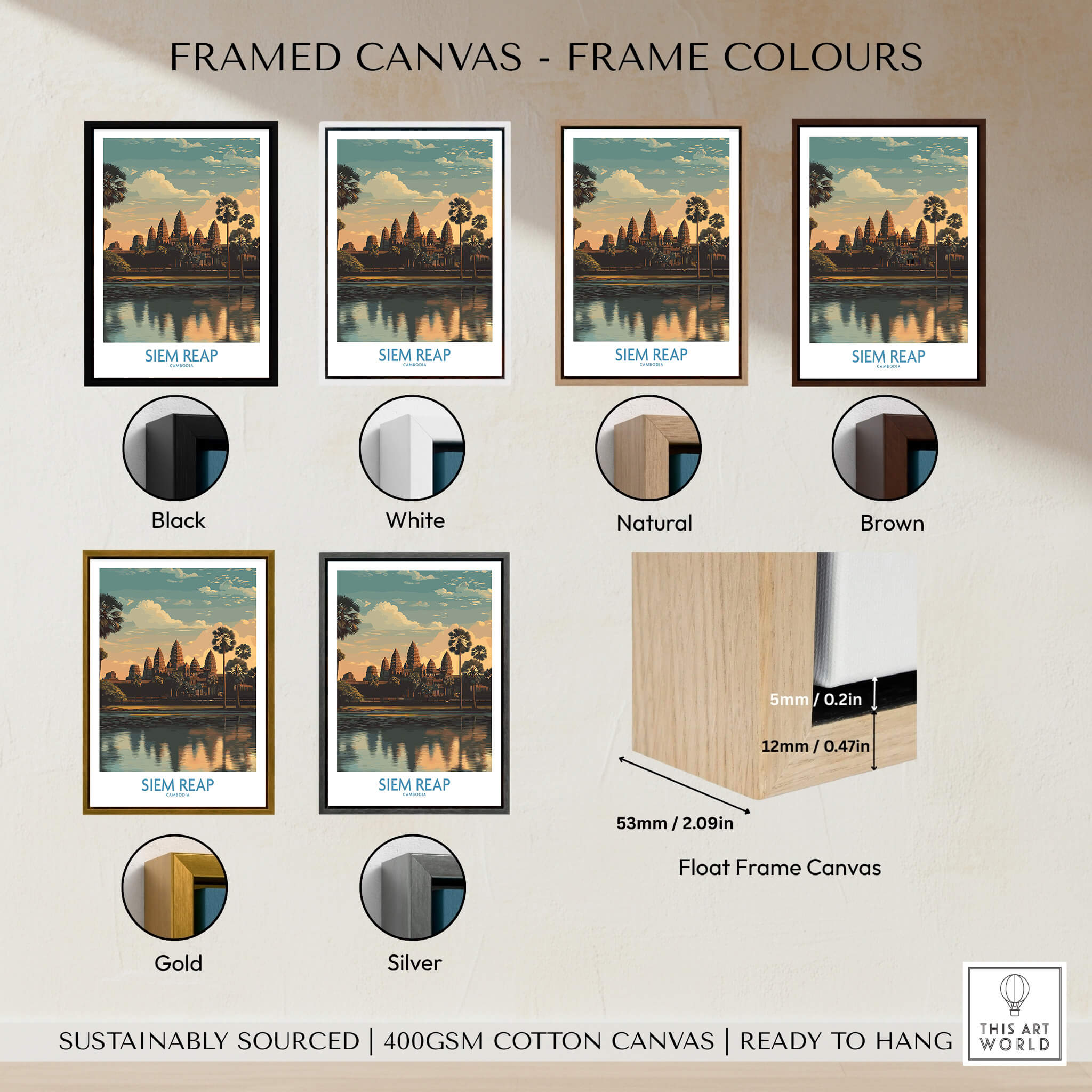 Siem Reap Canvas Print | Cambodia Khmer Poster framed in various frame colors including black, white, natural, brown, gold, silver.