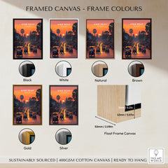 Framed canvas options for Siem Reap Wall Art Print | Cambodia Sunset Street Scene Travel Poster in various frame colours.