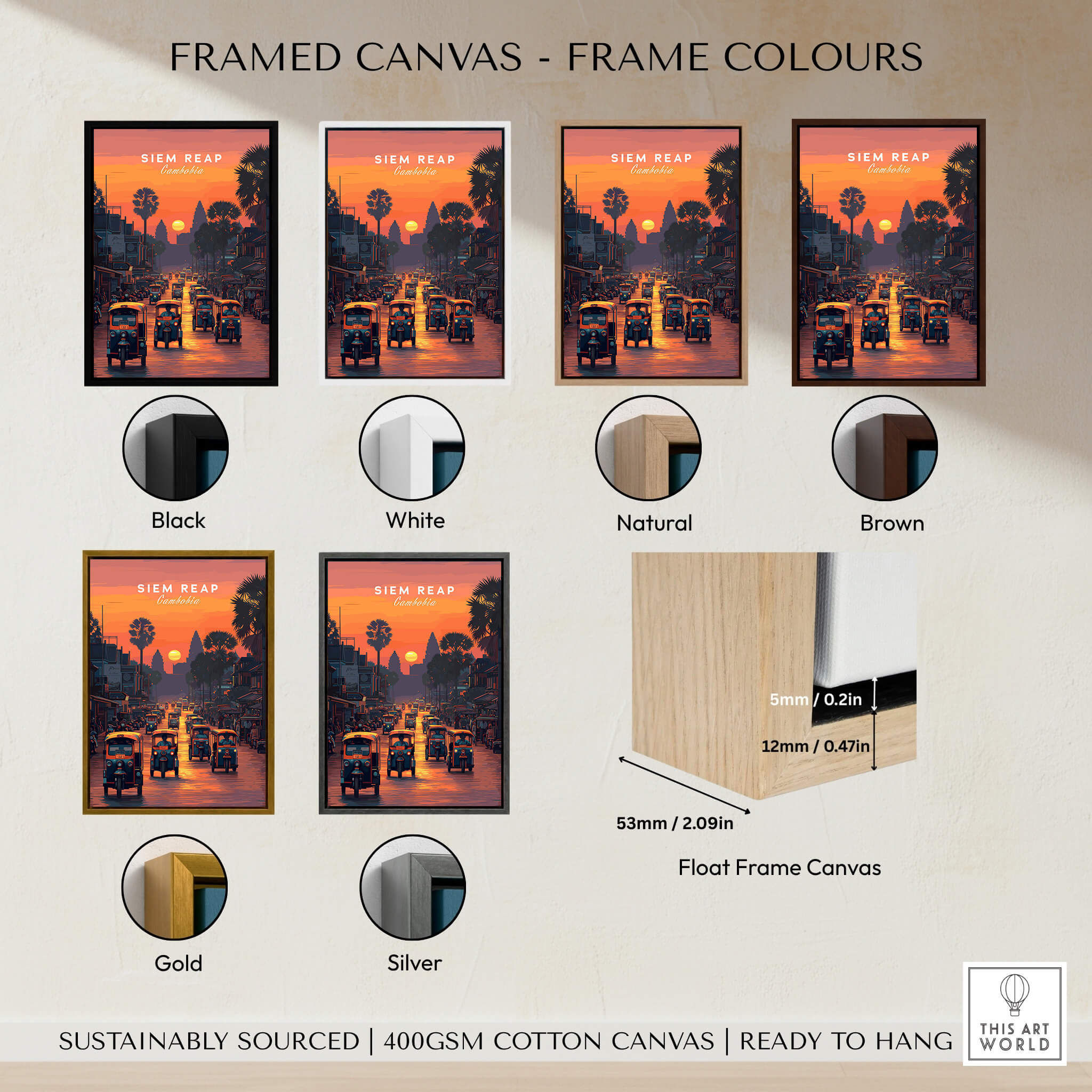 Framed canvas options for Siem Reap Wall Art Print | Cambodia Sunset Street Scene Travel Poster in various frame colours.