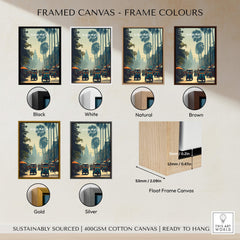 Framed canvas options for Siem Reap Cambodia Travel Poster, showcasing black, white, natural, brown, gold, and silver frames.