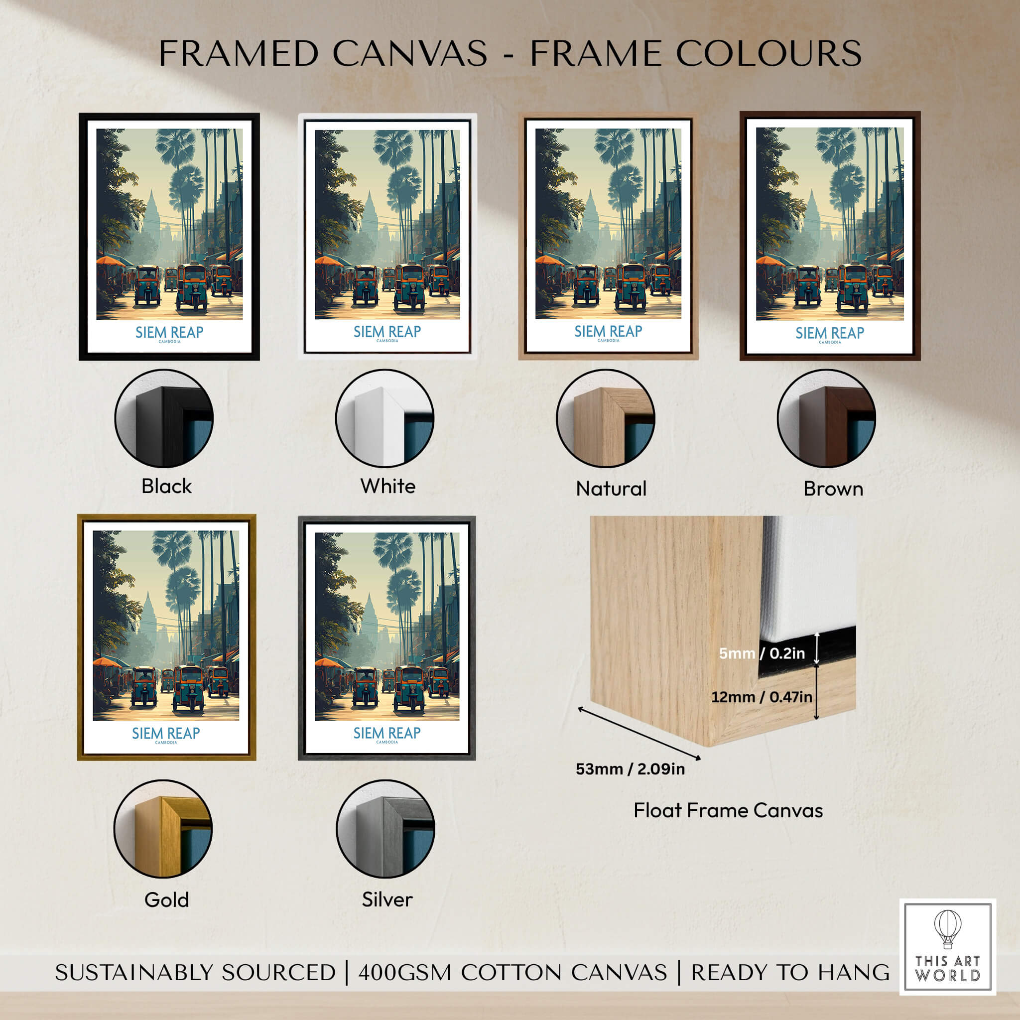 Framed canvas colours for Siem Reap Cambodia Print | Canvas Poster, showcasing black, white, natural, brown, gold, and silver options.