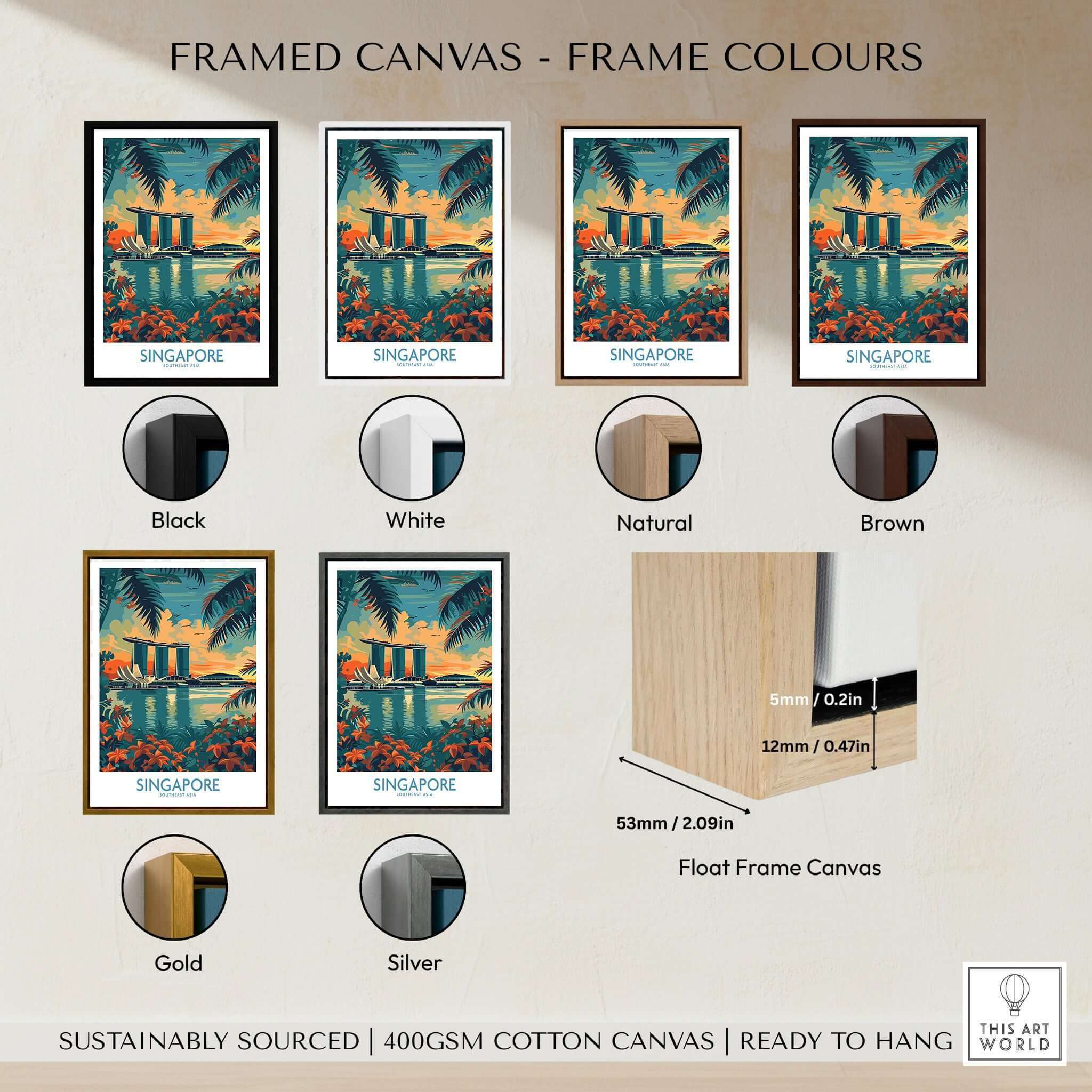 Singapore Travel Poster - Southeast Asia framed canvas color options including black, white, natural, brown, gold, and silver.