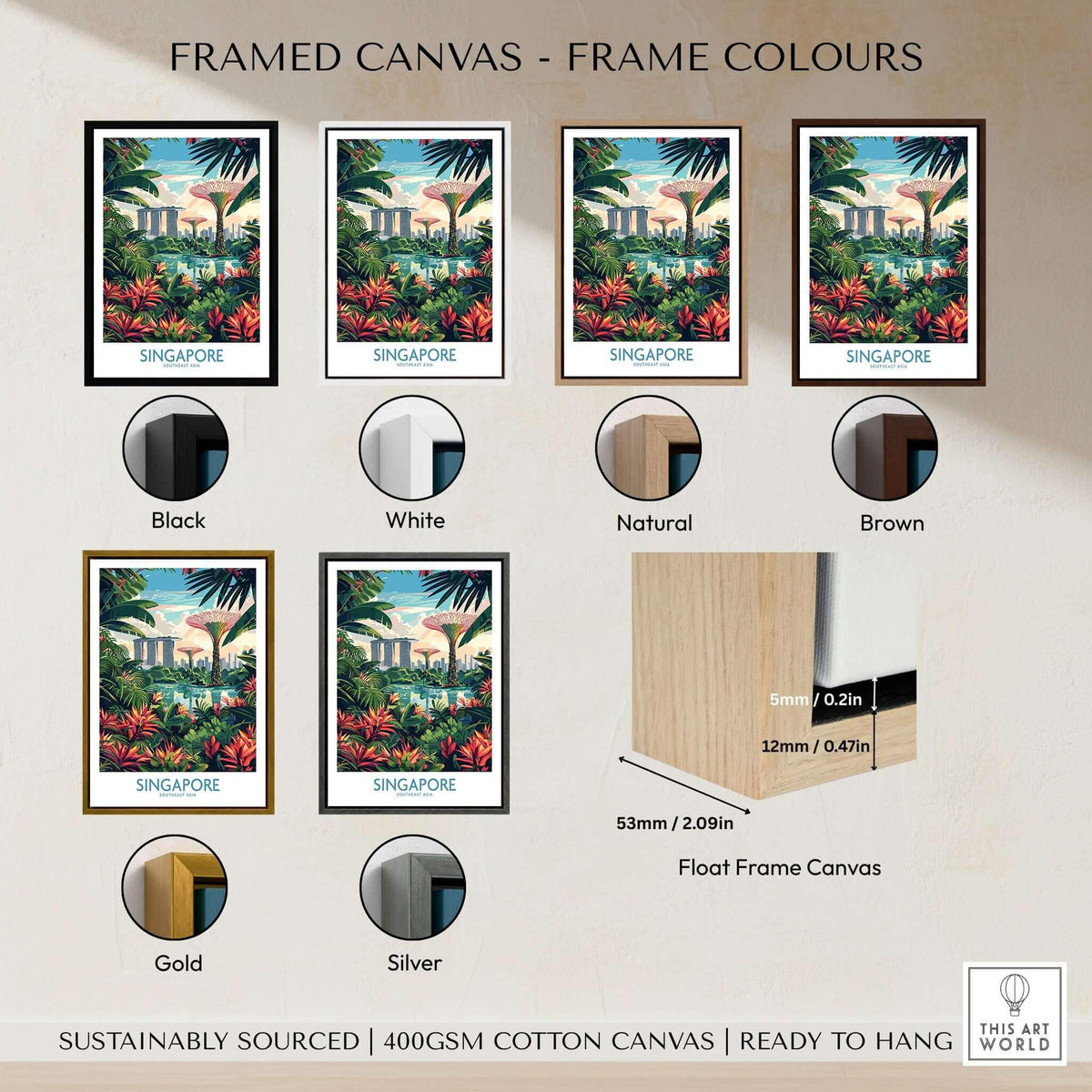 Different frame color options for Singapore Gardens by the Bay Poster on high-quality canvas.