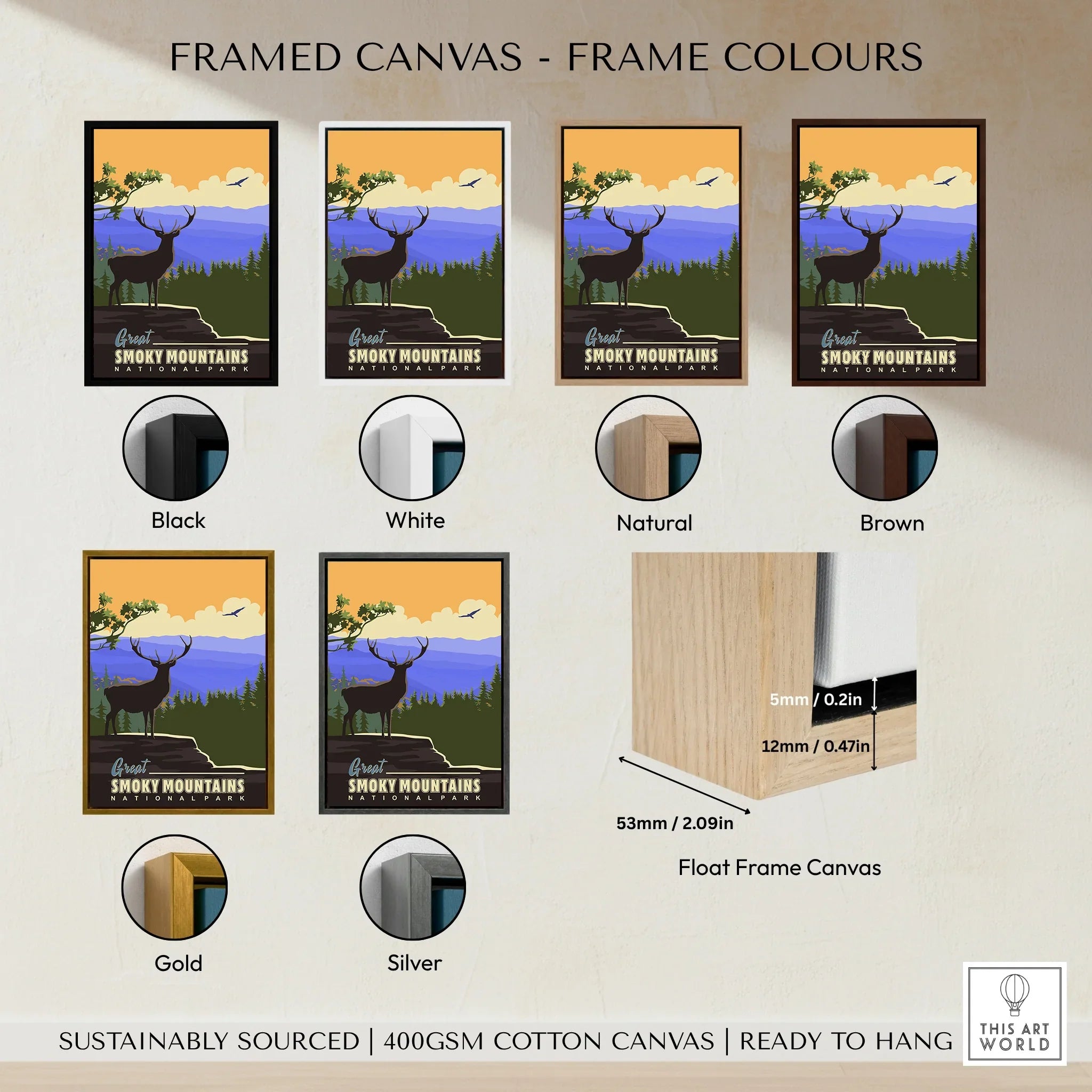 Great Smoky Mountains National Park framed canvas wall art in six frame color options