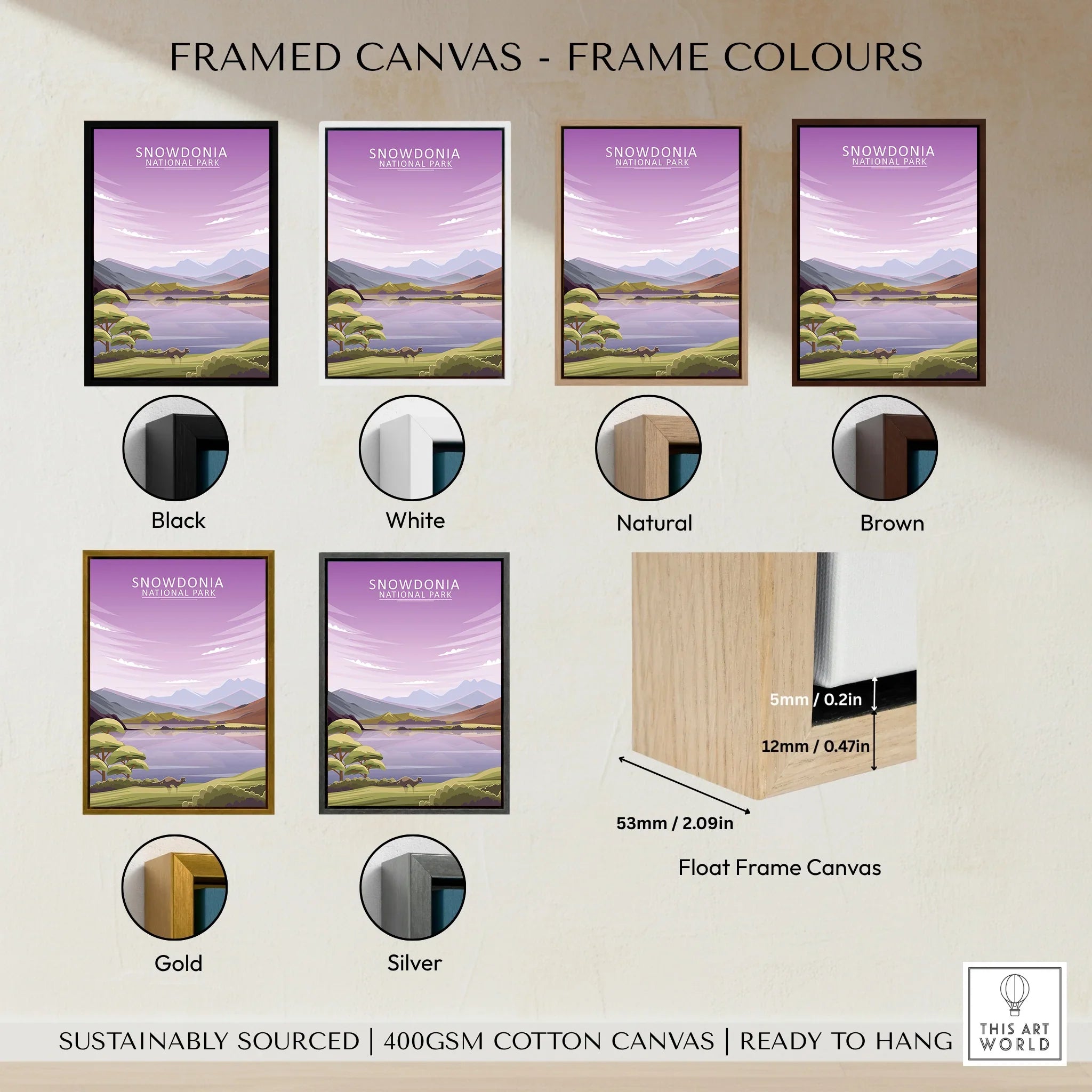 Snowdonia National Park travel poster framed canvas with six frame color options displayed