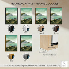 Framed South Downs National Park canvas wall art in black, white, natural, brown, gold, and silver frame color options, float frame detail shown, home decor travel poster.