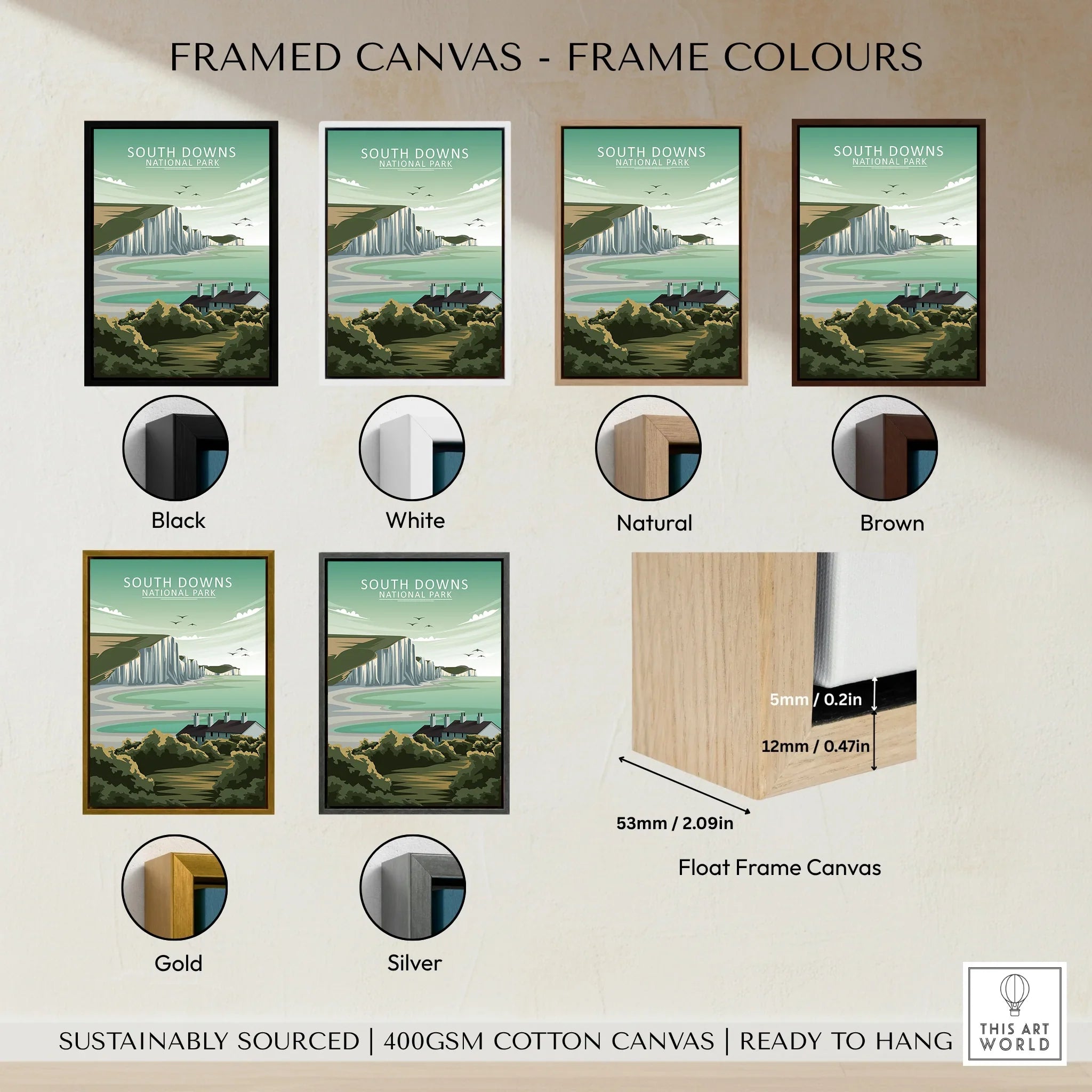 Framed South Downs National Park canvas wall art in black, white, natural, brown, gold, and silver frame color options, float frame detail shown, home decor travel poster.