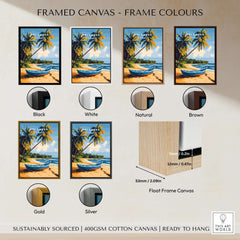 Sri Lanka Beach Scene Art - Tropical Island Print, Palm Tree Wall Decor framed canvas color options display.