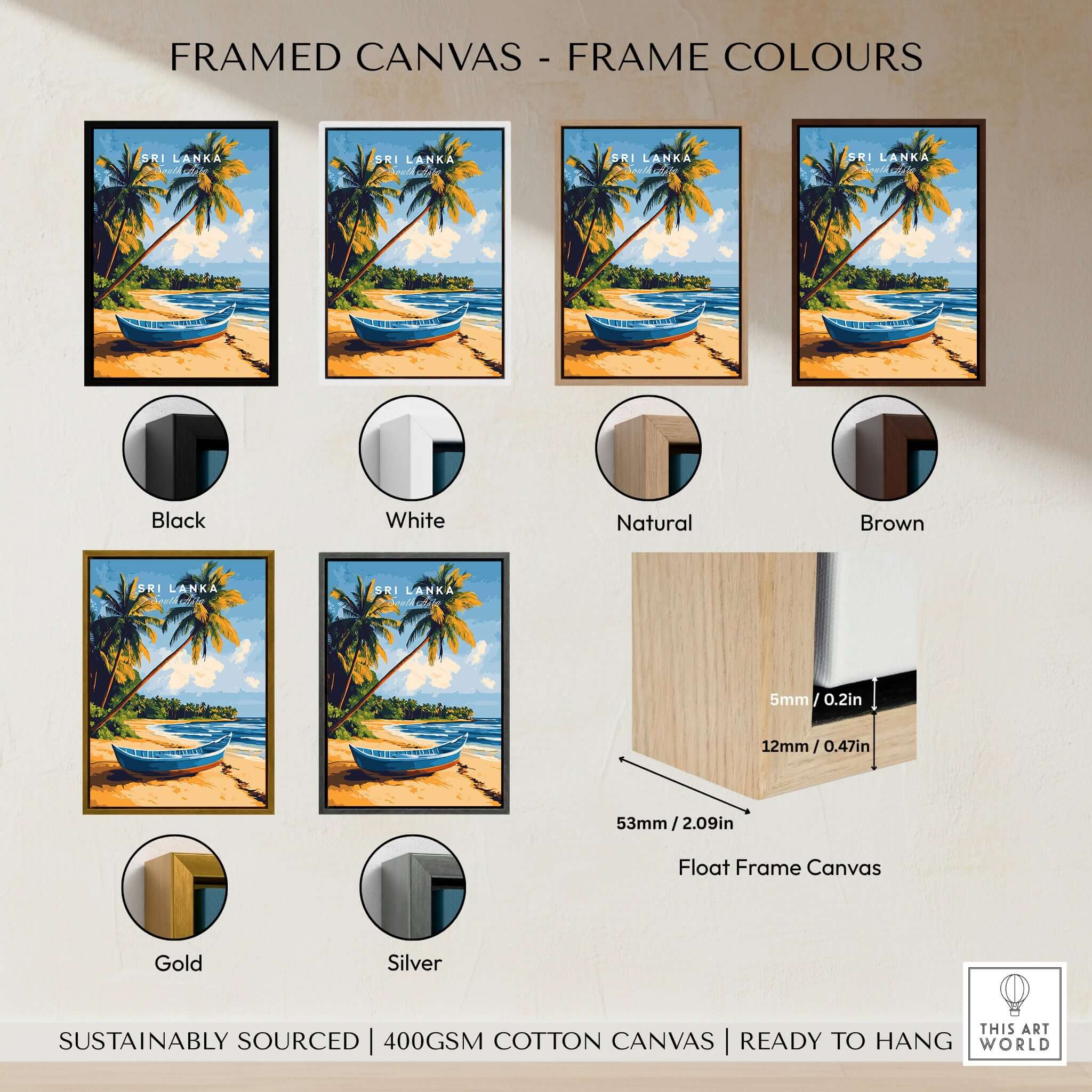 Sri Lanka Beach Scene Art - Tropical Island Print, Palm Tree Wall Decor framed canvas color options display.