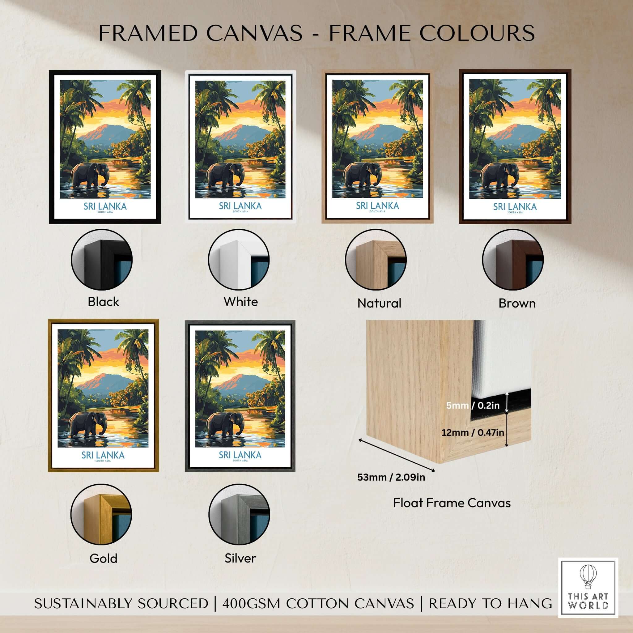 Sri Lanka Travel Art Print - Elephant Swimming Wall Art, Tropical Adventure Scene framed canvas color options display.