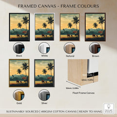 Sri Lanka Wall Art Print | Sunset Elephant Landscape Travel Poster framed in various colors options including Black, White, Gold.