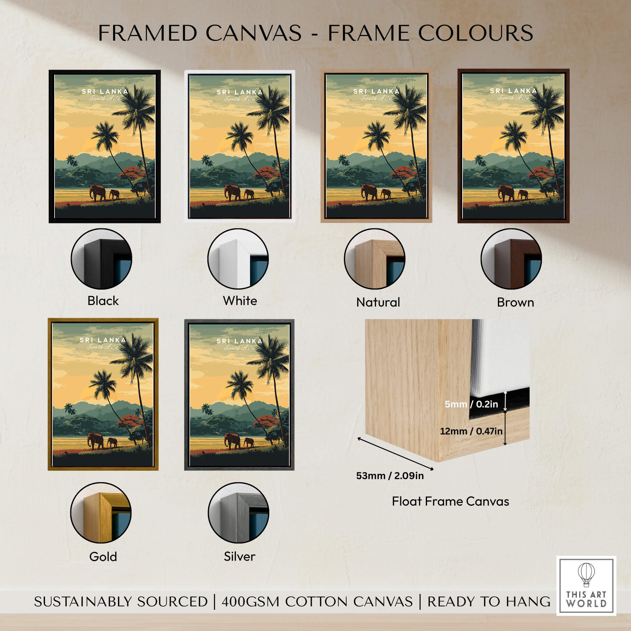 Sri Lanka Wall Art Print | Sunset Elephant Landscape Travel Poster framed in various colors options including Black, White, Gold.