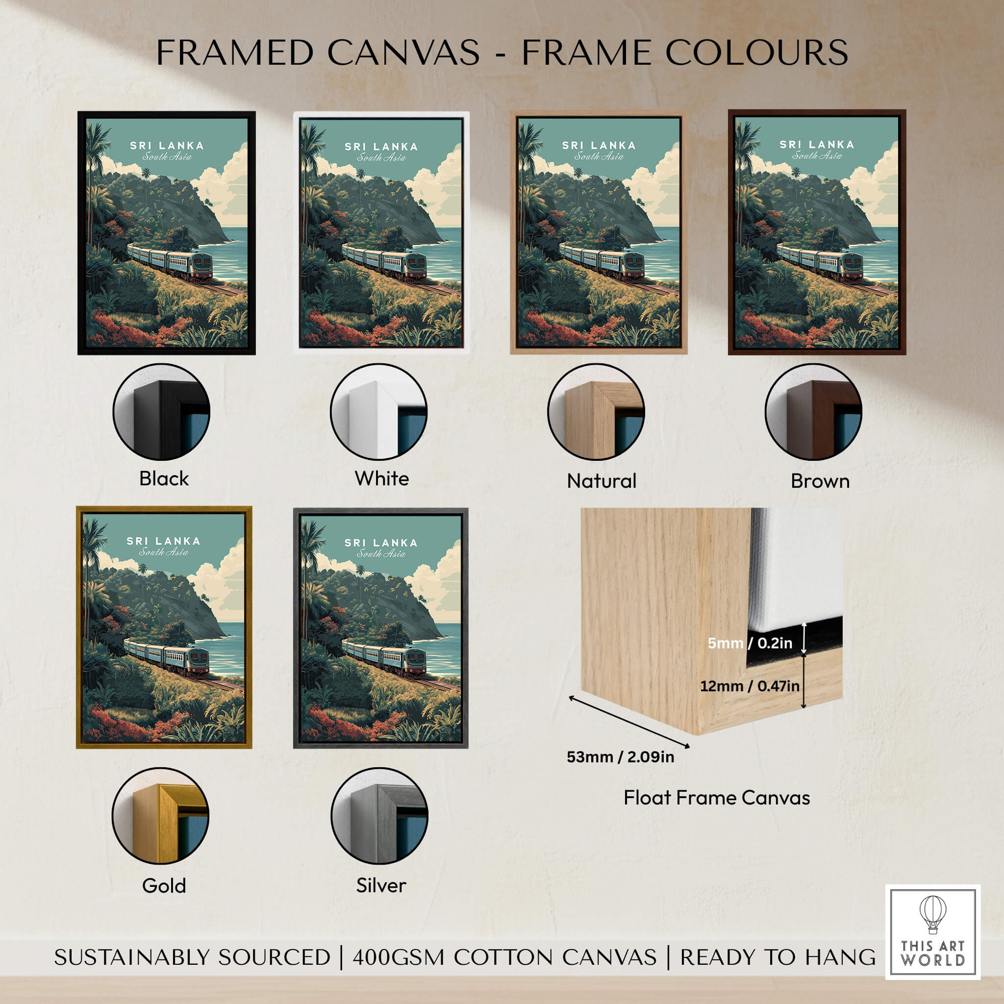 Framed canvas options for Sri Lanka Wall Art Print | Train Travel Poster showcasing various frame colors.