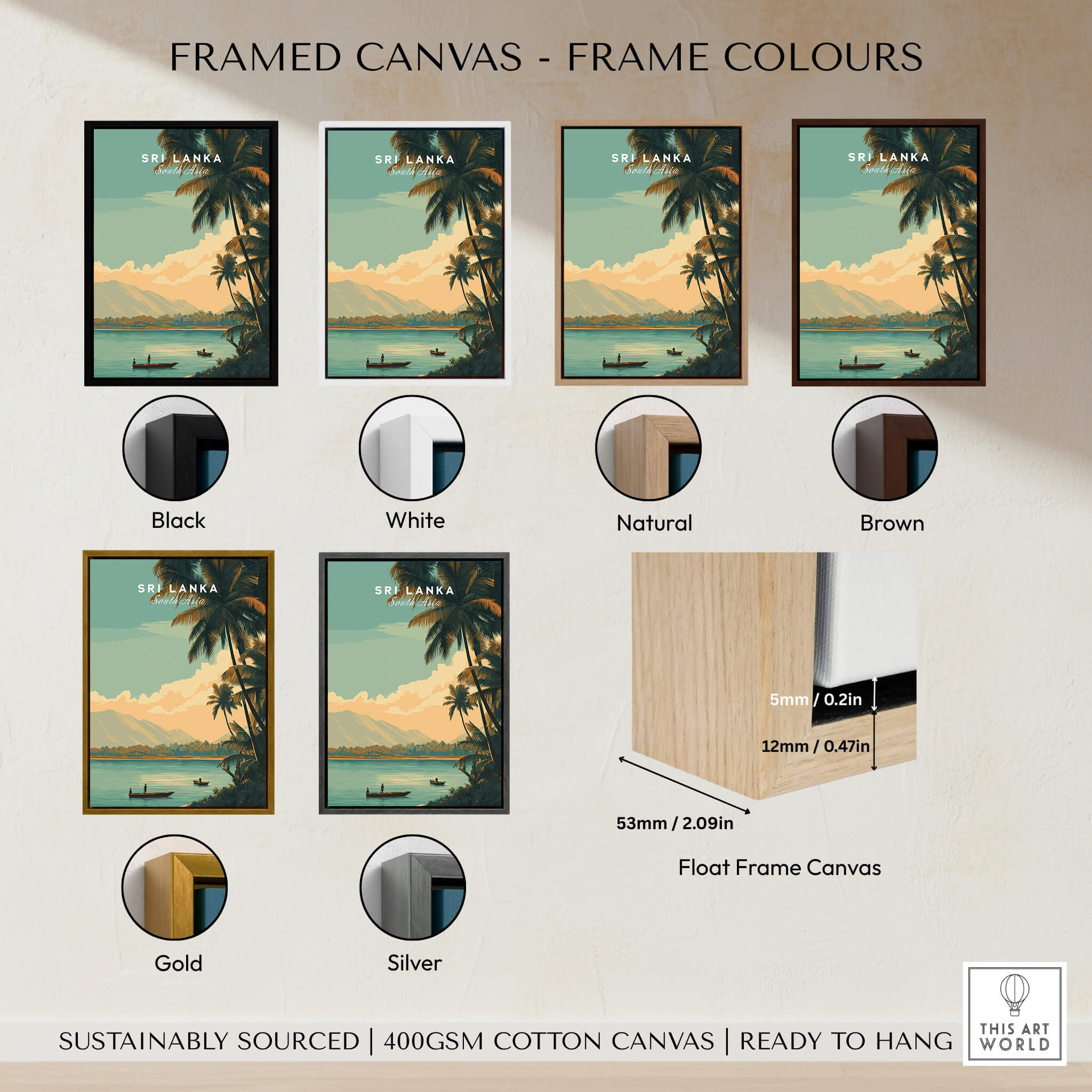 Sri Lanka Travel Poster | Sunset Wall Art Print displayed in various frame colors including Black, White, Natural, Brown, Gold, and Silver.