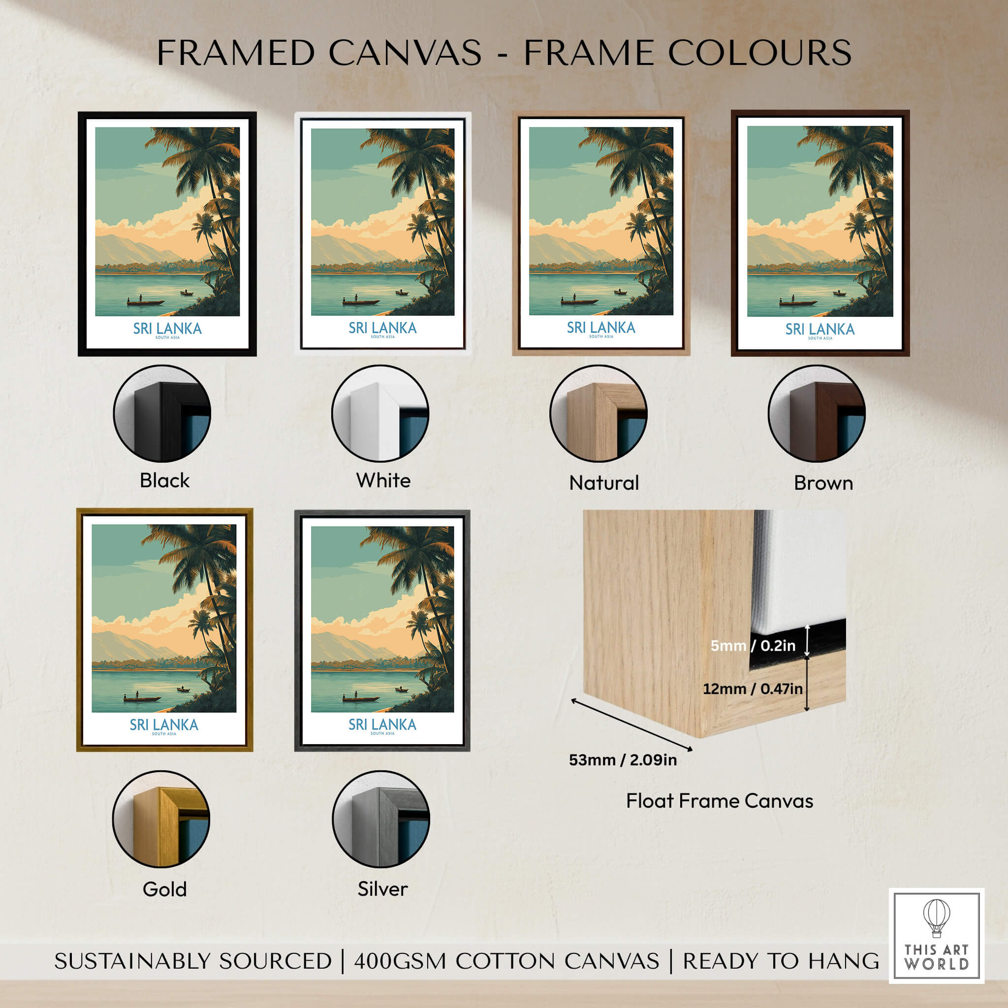Sri Lanka Canvas Print | Traditional Boat Scene Poster framed in various colors including Black, White, Natural, Brown, Gold, and Silver.
