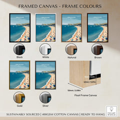 Swanage Dorset Wall Art Print | British Seaside Beach Travel Poster in various frame colors including black, white, natural, brown, gold, and silver.