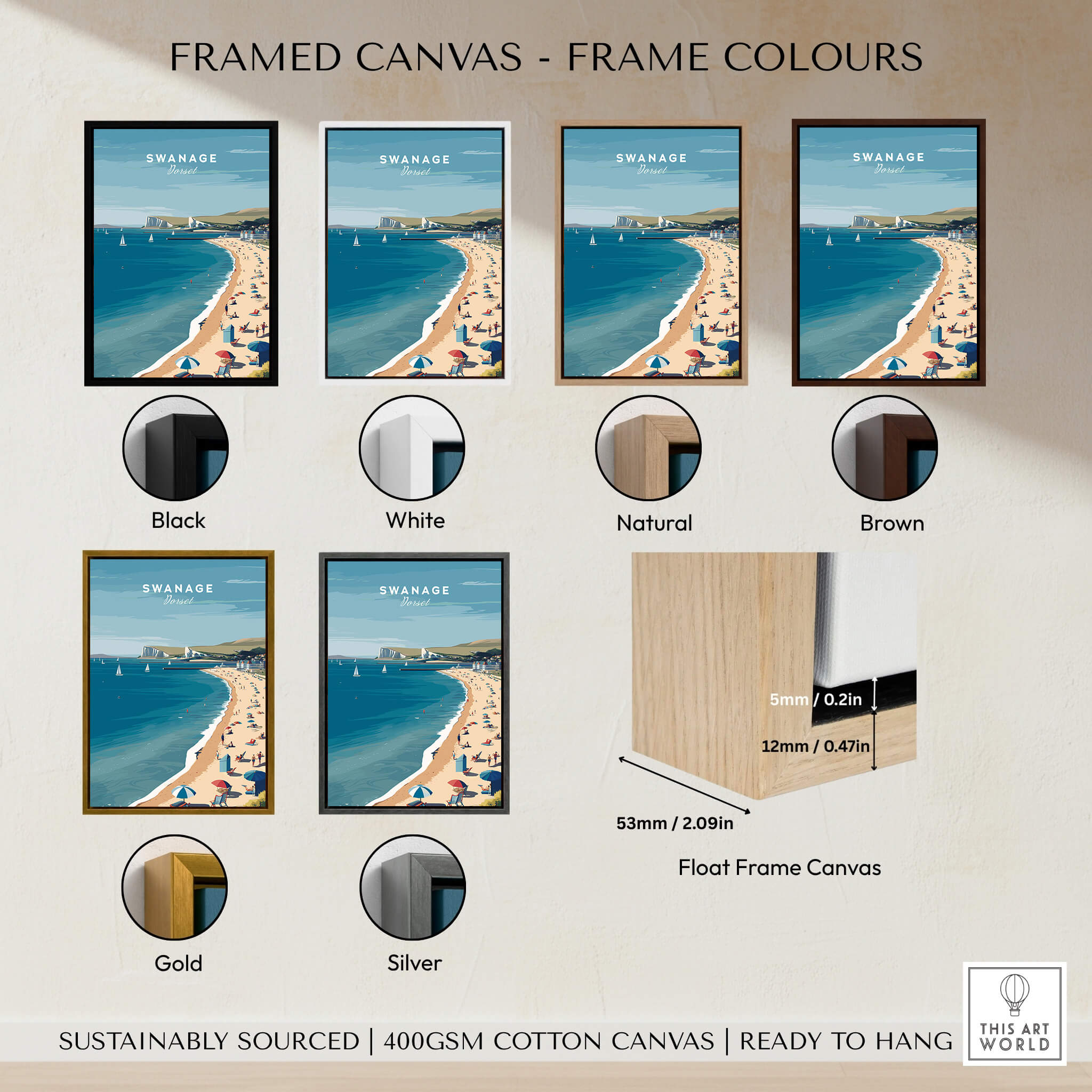 Swanage Dorset Wall Art Print | British Seaside Beach Travel Poster in various frame colors including black, white, natural, brown, gold, and silver.