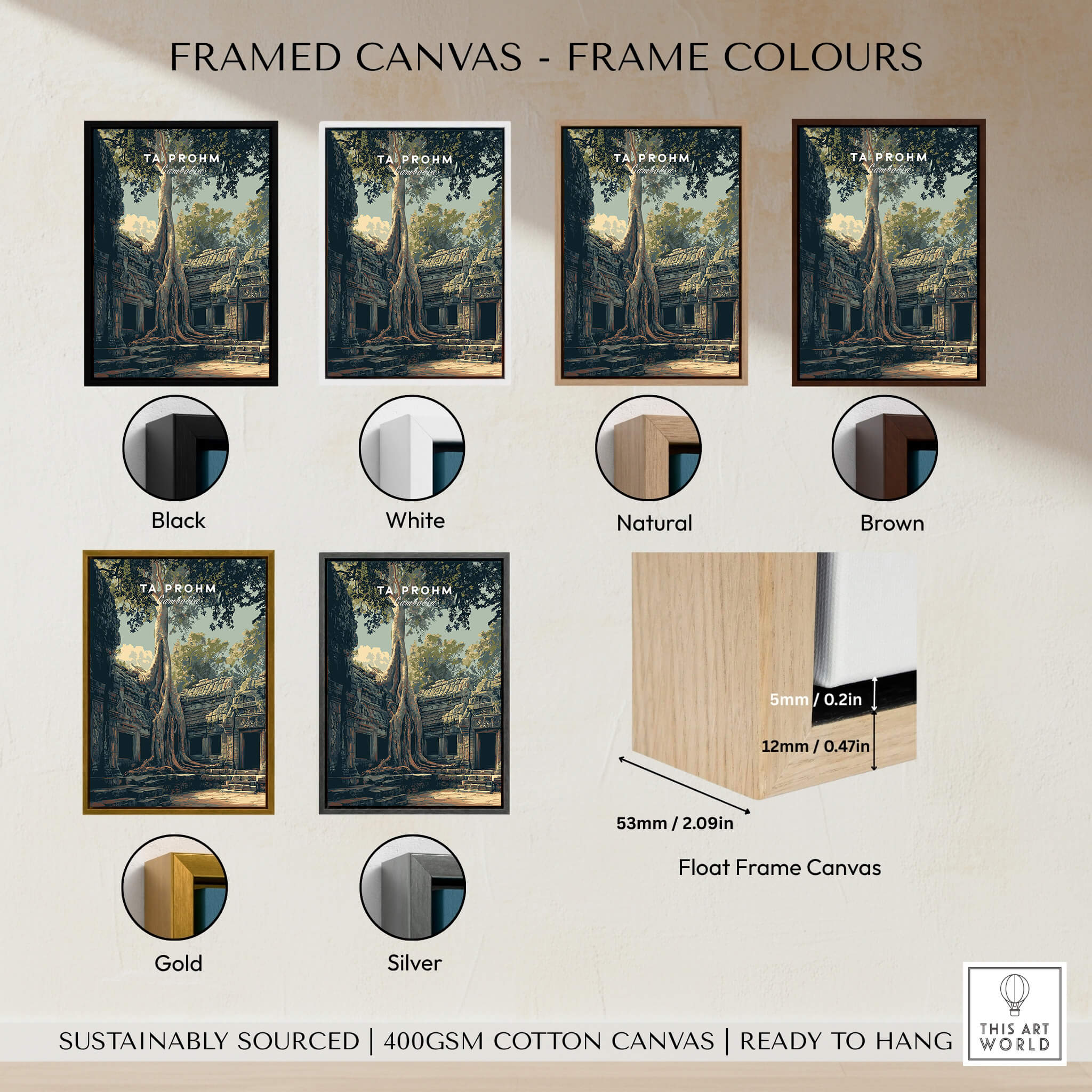 Ta Prohm Cambodia Travel Poster | Ancient Temple Jungle Ruins Wall Art Print framed canvas options in various colors.