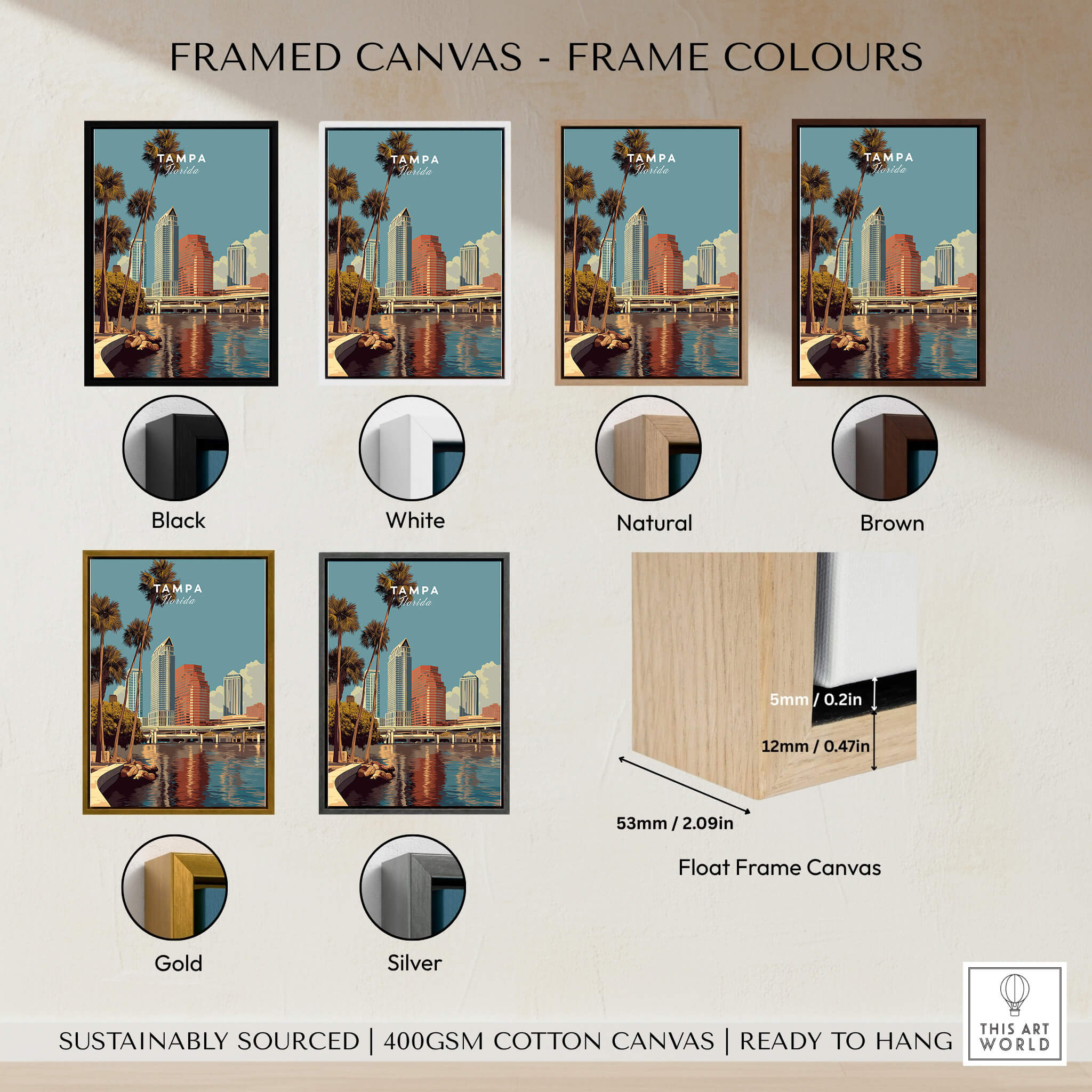 Tampa Florida Wall Art Print | Downtown City Skyline Travel Poster framed canvas options in various colors.