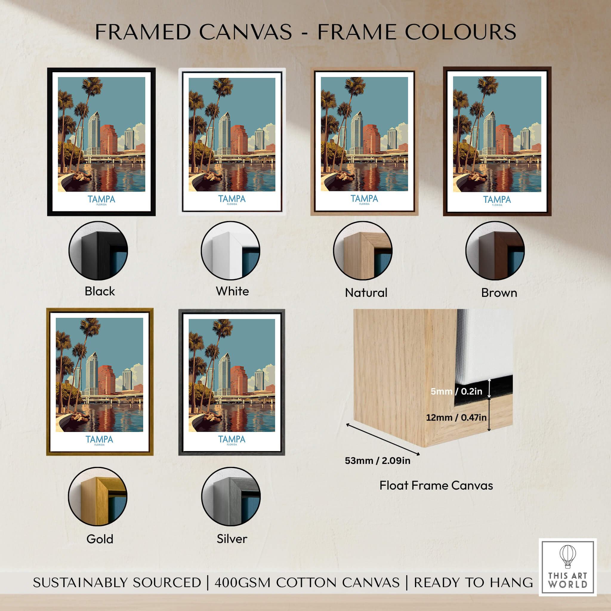 Tampa Florida Poster | Waterfront Sunset Cityscape Canvas Print framed canvas color options including black, white, natural, brown, gold, and silver.