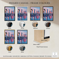 Framed canvas options for Tampa Florida Travel Poster | Marina Harbor & Skyline Wall Art Print in various colors.