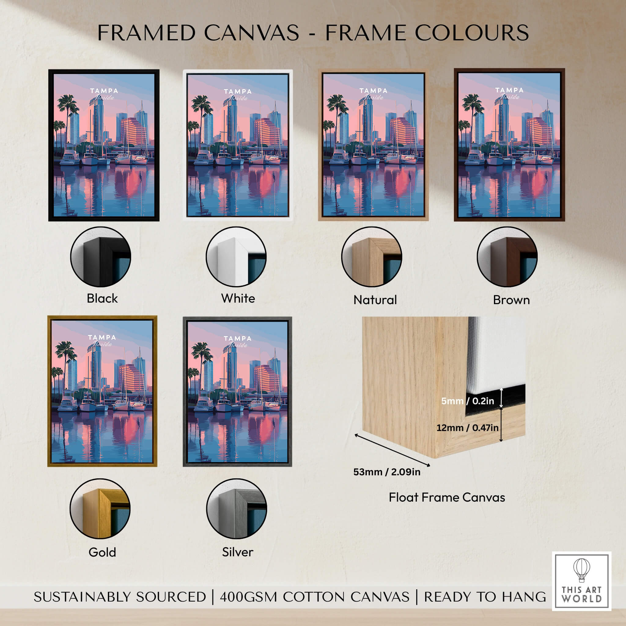 Framed canvas options for Tampa Florida Travel Poster | Marina Harbor & Skyline Wall Art Print in various colors.