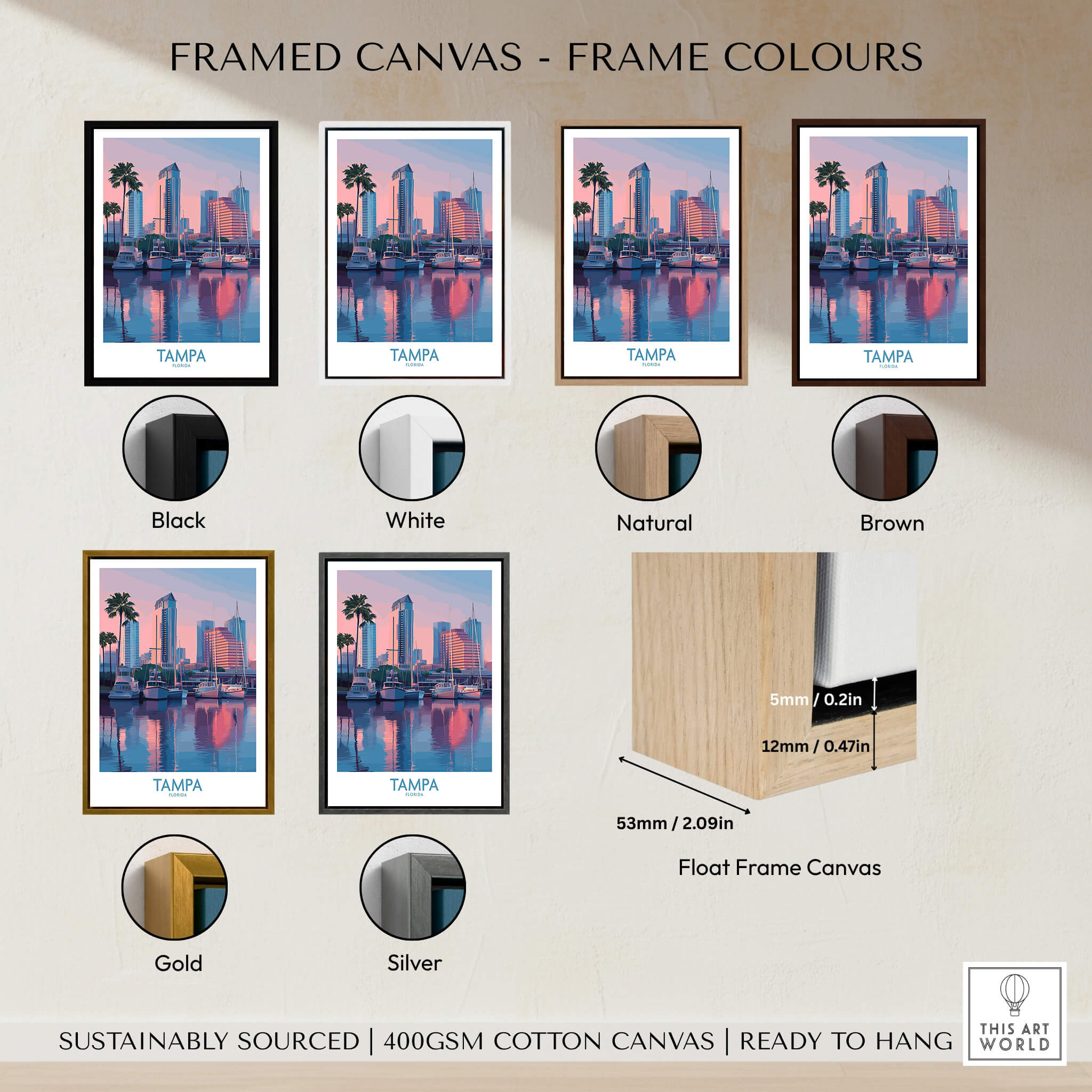 Tampa Florida Canvas Print | Sunset Bay & Sailboat Landscape Poster framed in various colors including black, white, natural, brown, gold, and silver.