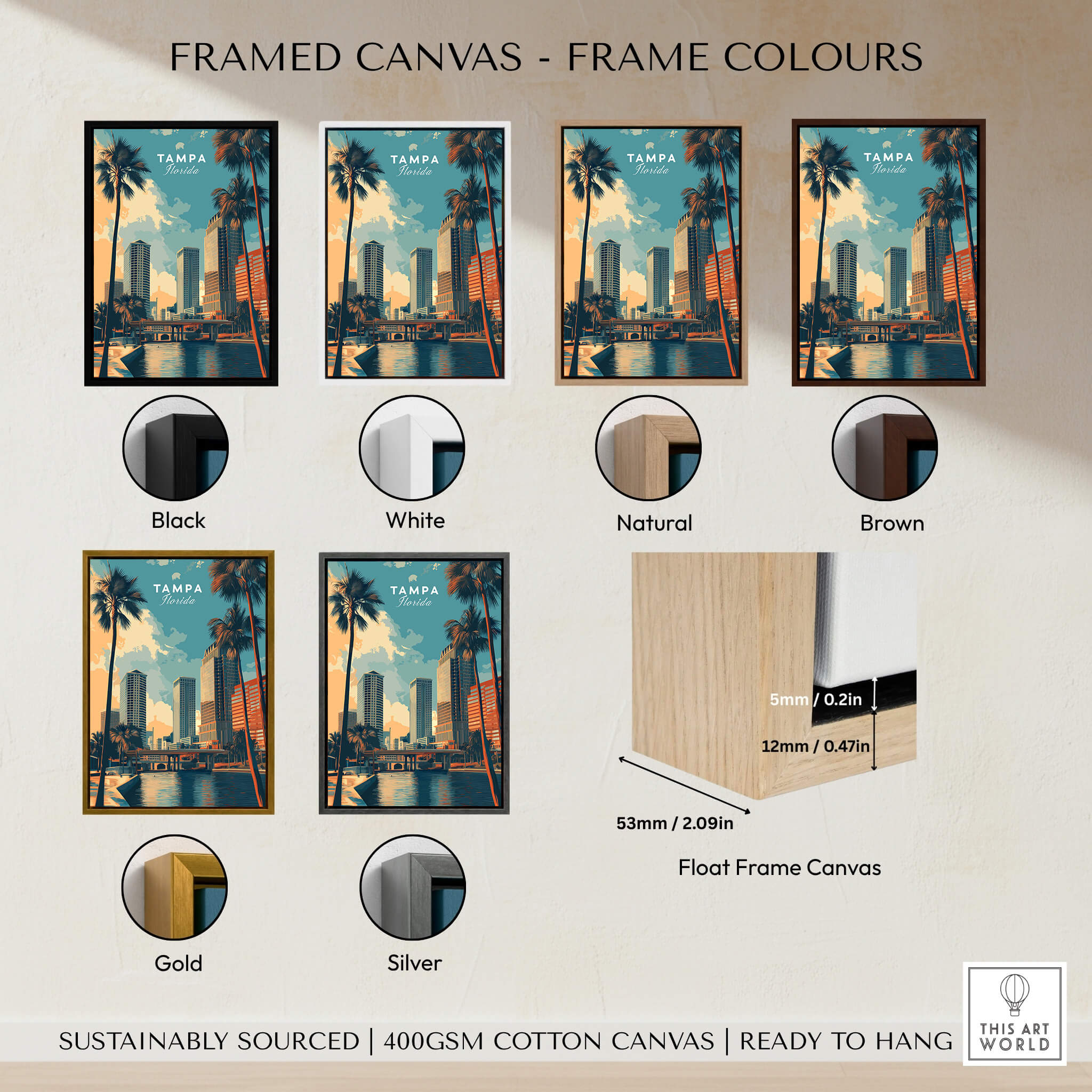 Tampa Florida Wall Art Print | Palm Trees & Modern Skyline Travel Poster in various frame colors including black, white, natural, brown, gold, and silver.
