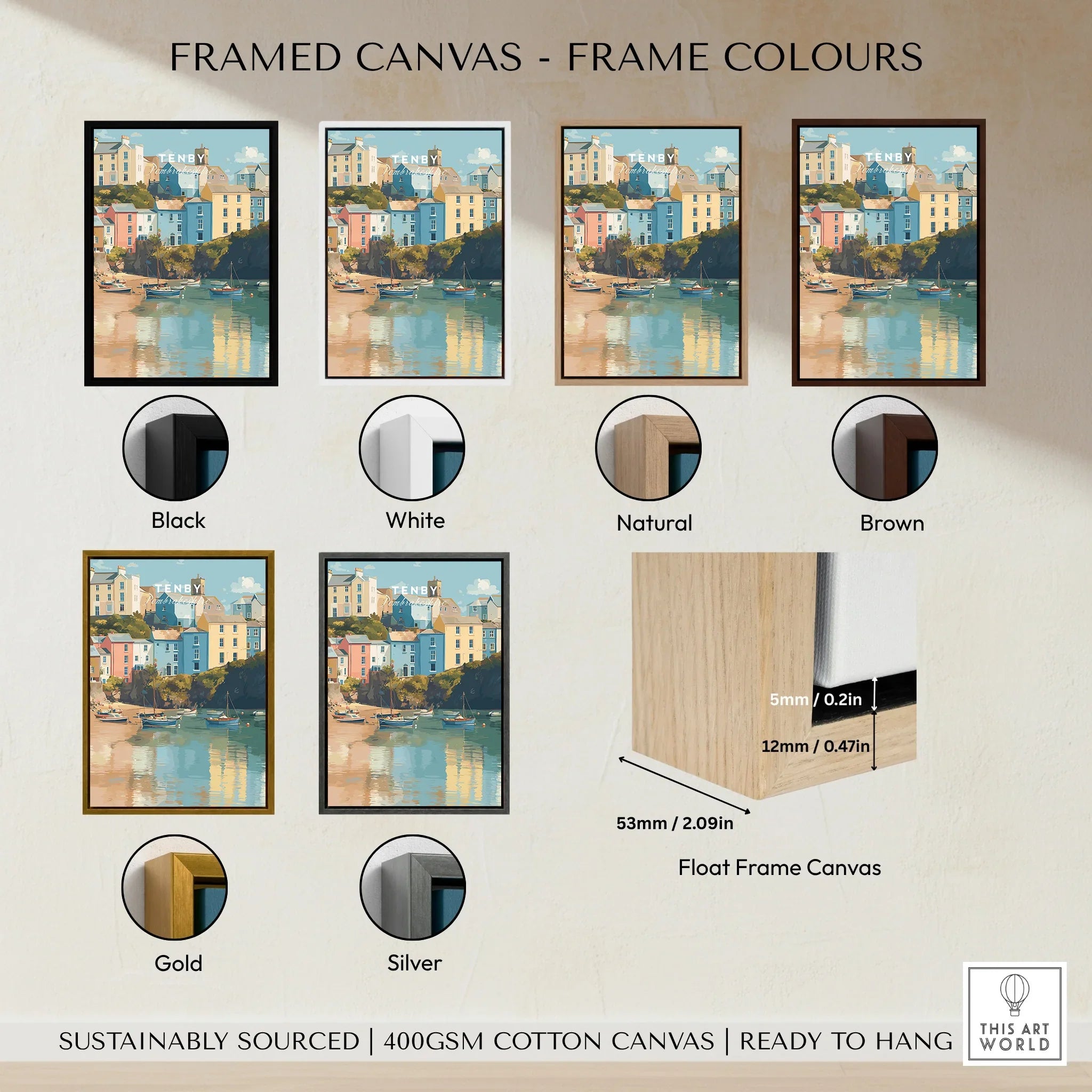 Framed canvas print of colorful Tenby seaside with six frame color options and size details