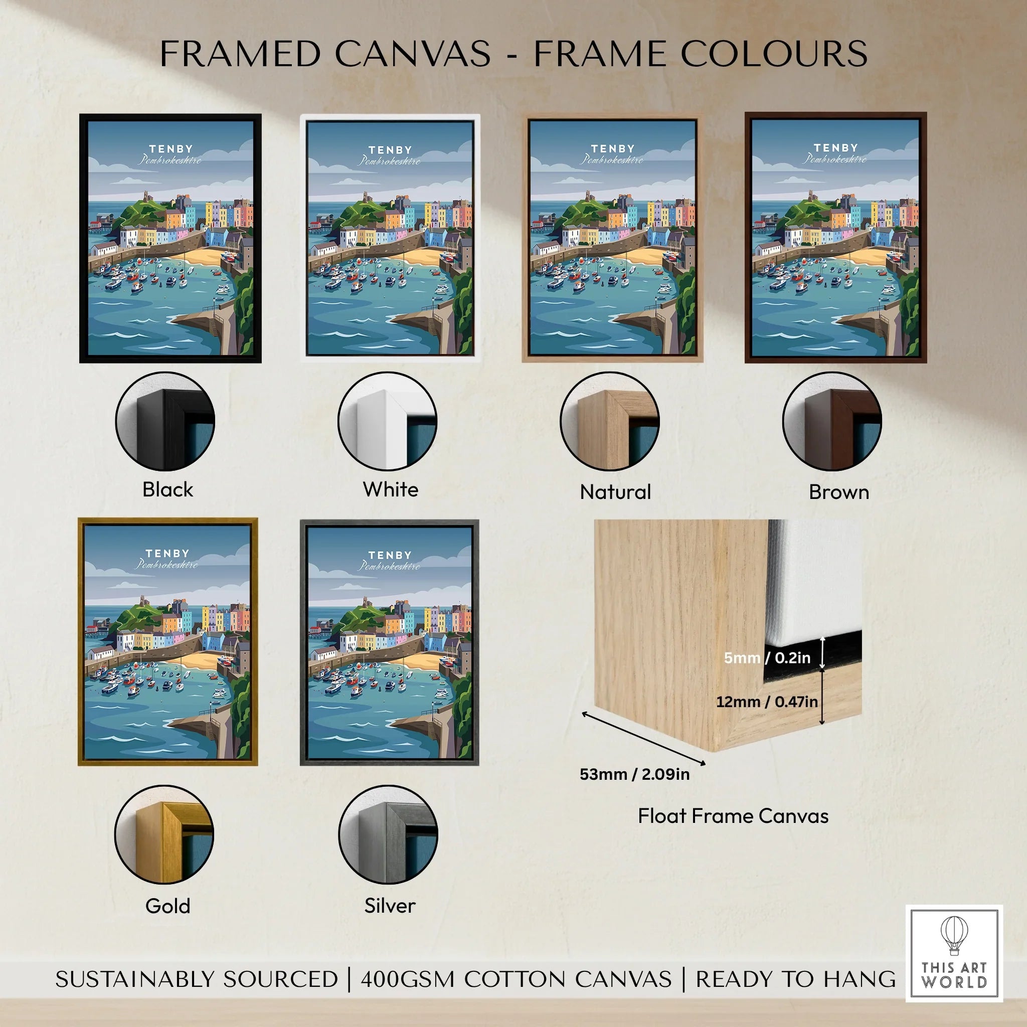 Framed Tenby travel poster wall art in six frame colors: black, white, natural, brown, gold, silver