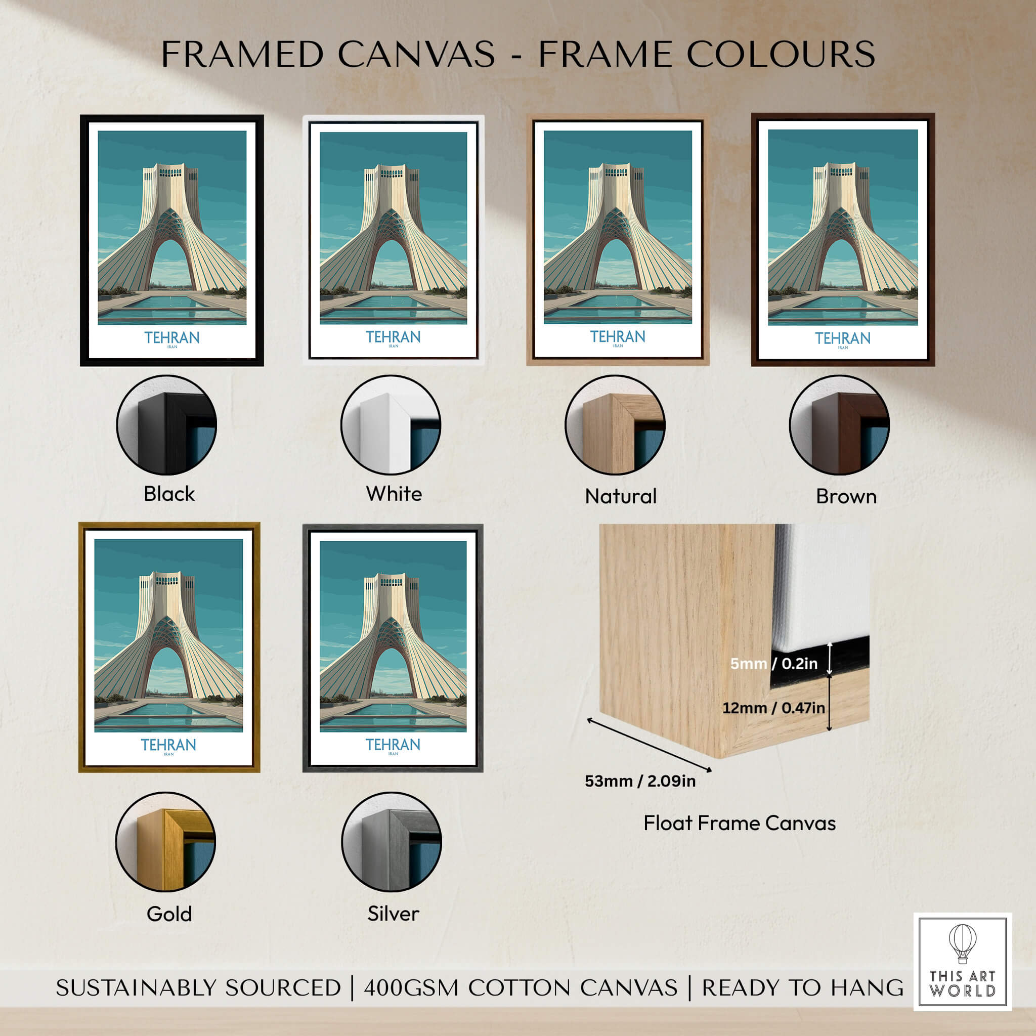 Framed canvas print options for Tehran Poster Iran | Azadi Tower Sunset Architecture Canvas Print in various colors.