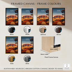 Uluru Australia Wall Art Print | Red Center Outback Travel Poster in various frame colors including black, white, natural, brown, gold, and silver.