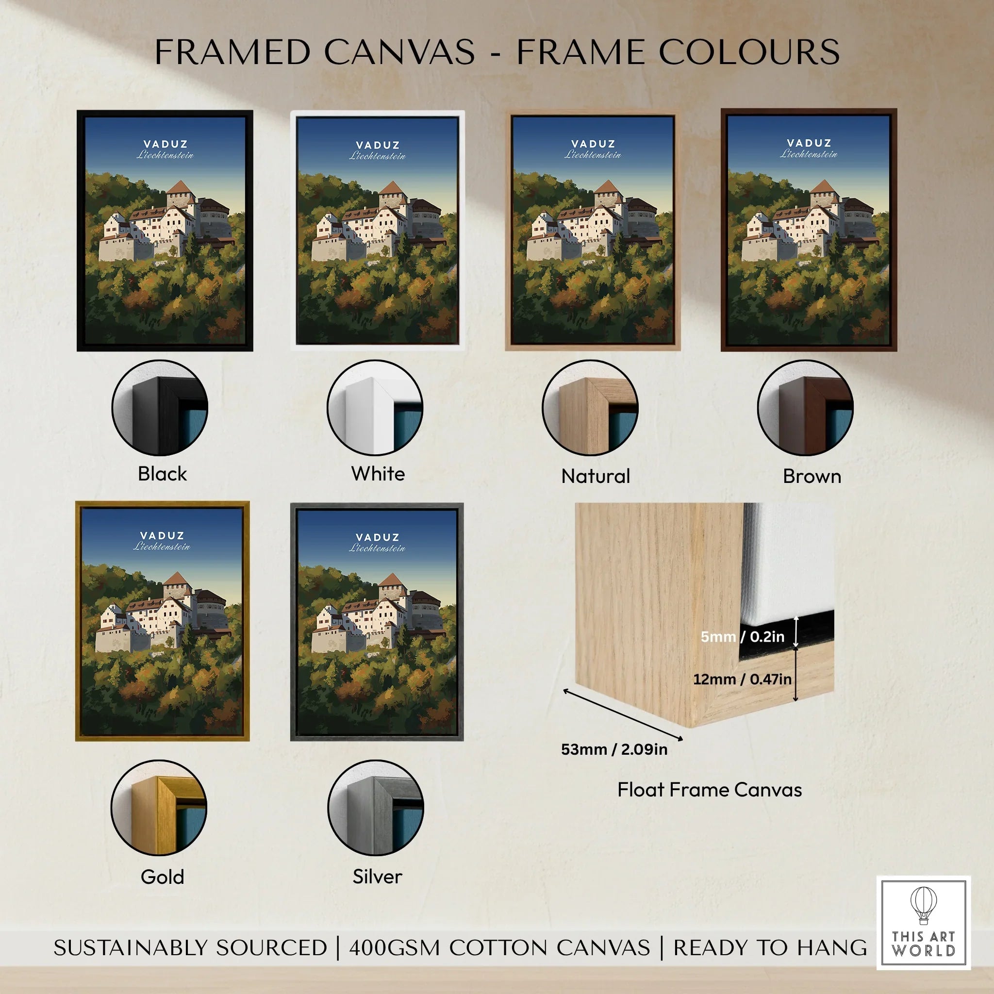Vaduz Liechtenstein travel poster on canvas with six frame color options: black, white, natural, brown, gold, silver.