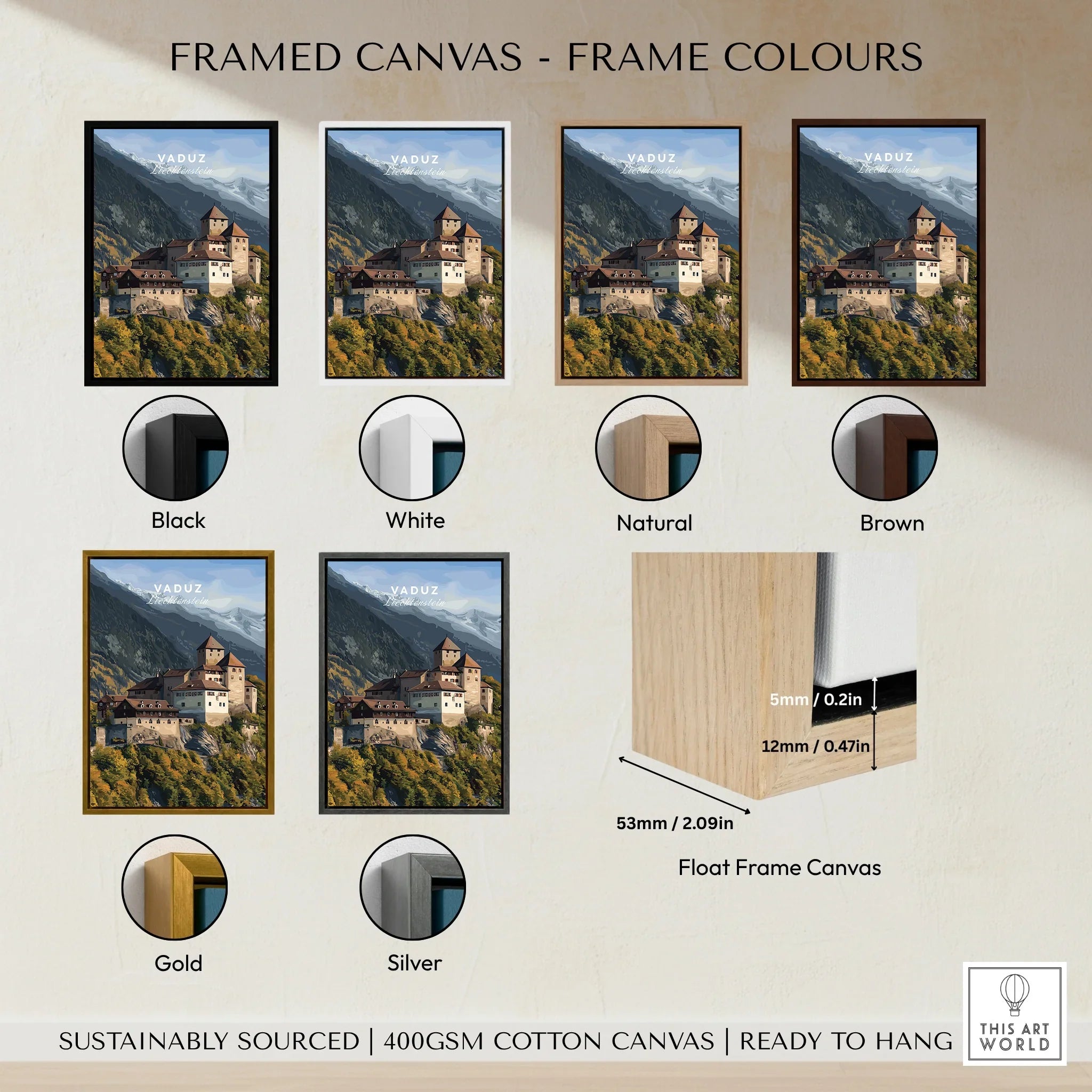 Framed canvas wall art of Vaduz castle with six frame color options: black, white, natural, brown, gold, silver.