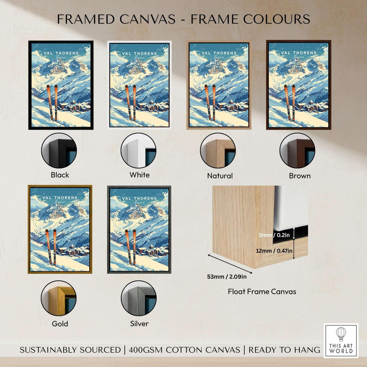 Val Thorens Travel Poster framed canvas options in black, white, natural, brown, gold, and silver designs.