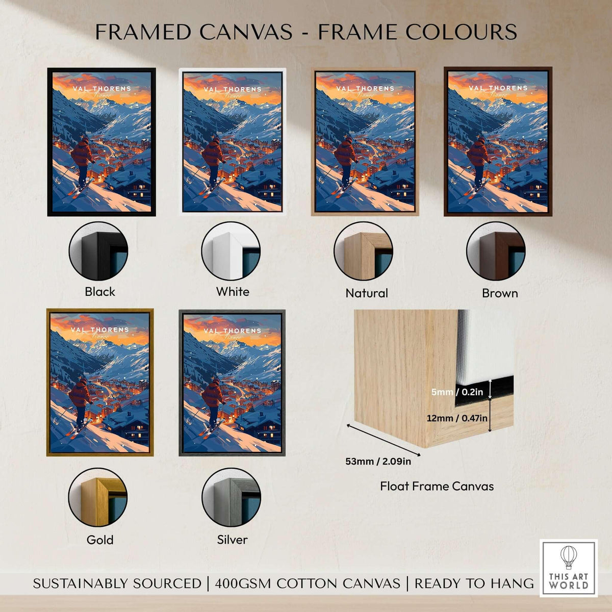 Val Thorens Ski Poster displayed in various frame colors including black, white, natural, brown, gold, and silver.